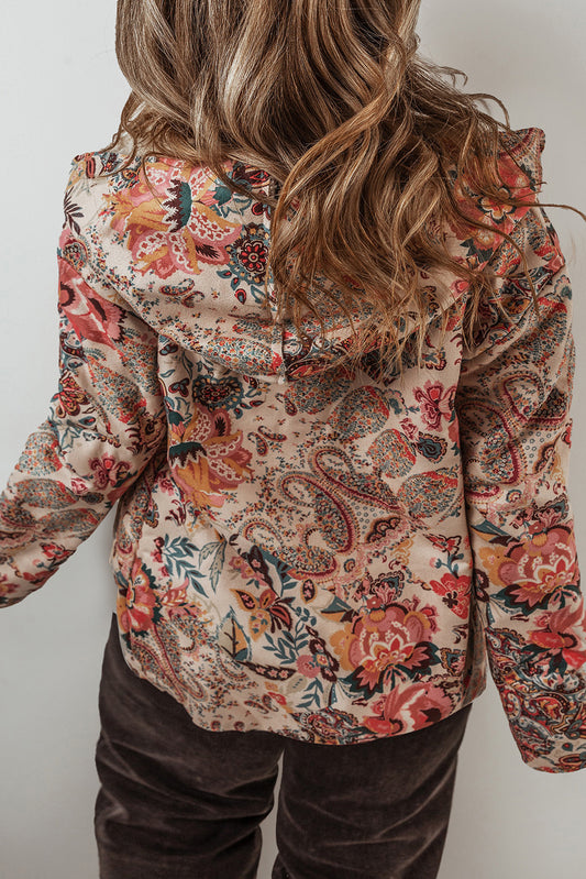 Chaqueta con capucha y forro de sherpa con estampado floral vintage de cachemira en beige