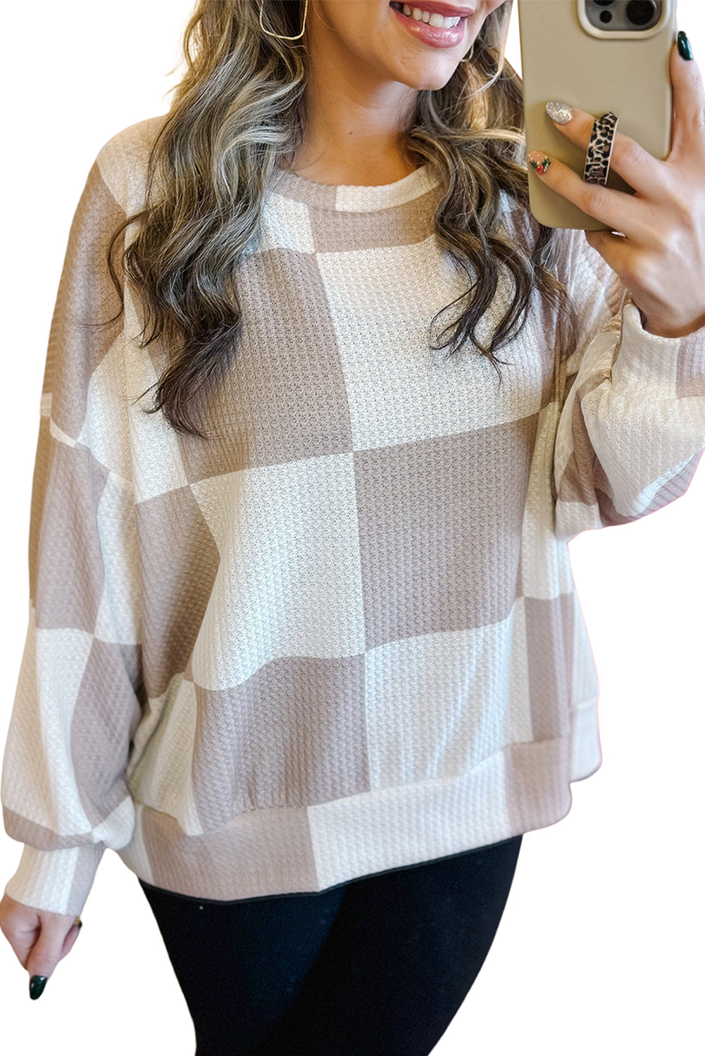 Khaki Breathable Textured Checkered Long Sleeve Top