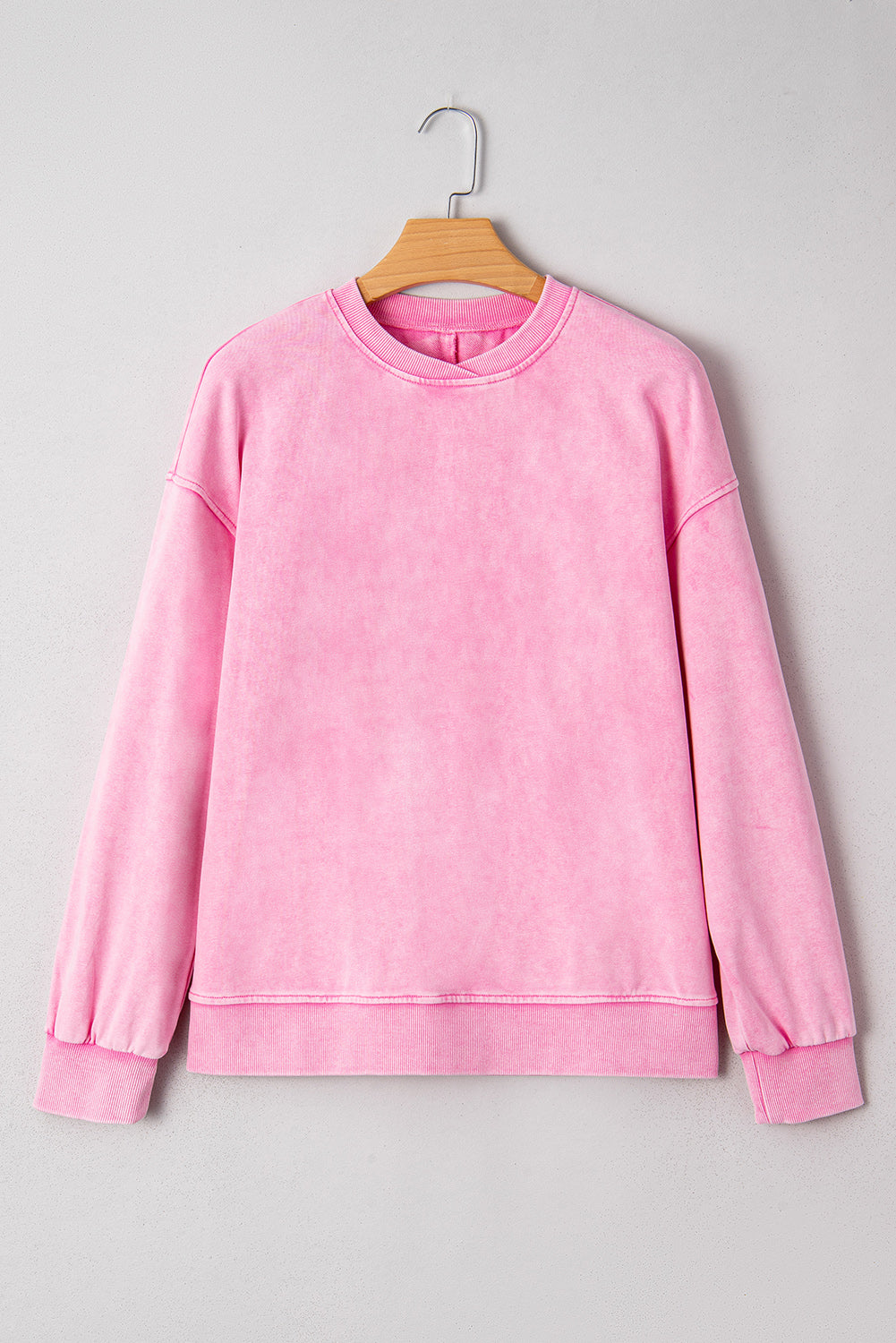 Bright Pink Mineral Wash Crossed Crew Neck Drop Shoulder Loose Sweatshirt