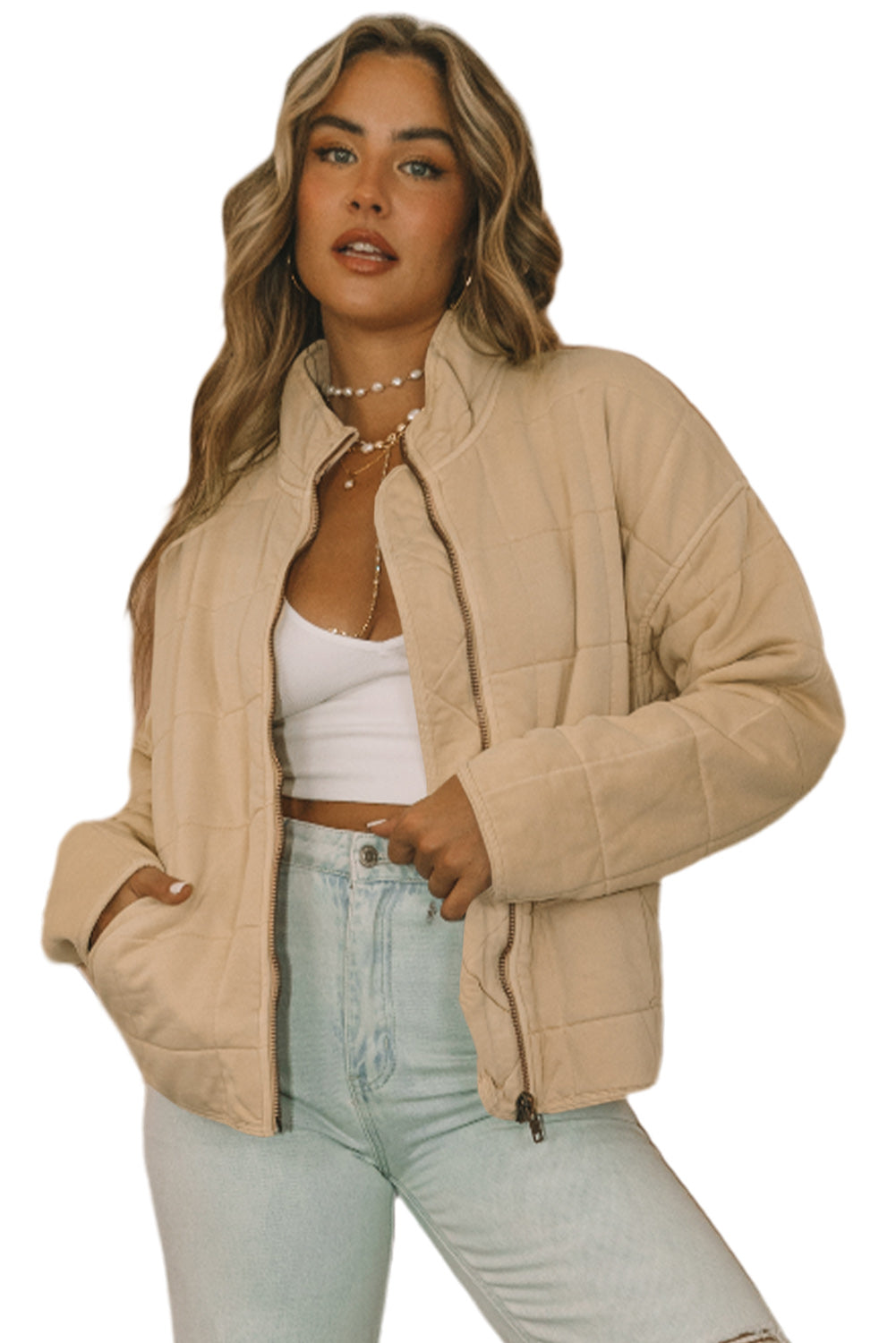 Green Zip Up Pocket Quilted Cropped Jacket