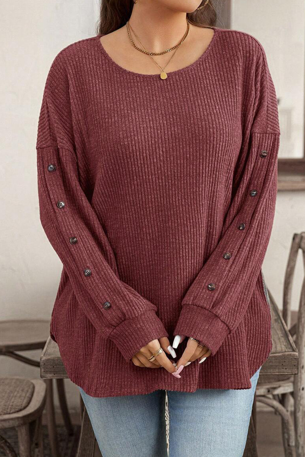Wild Ginger Plus Size Ribbed Button Decor Long Sleeve Top