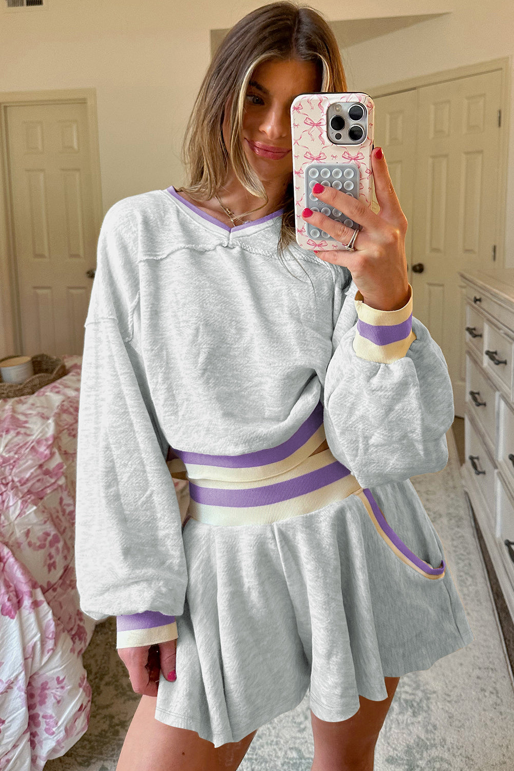 Light Grey Contrast Trim Striped Loose Sweatshirt and Skort Set