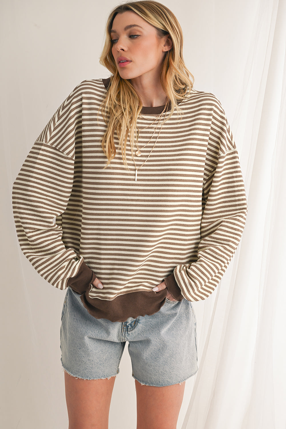 Brown Stripe Drop Shoulder Long Sleeve Top