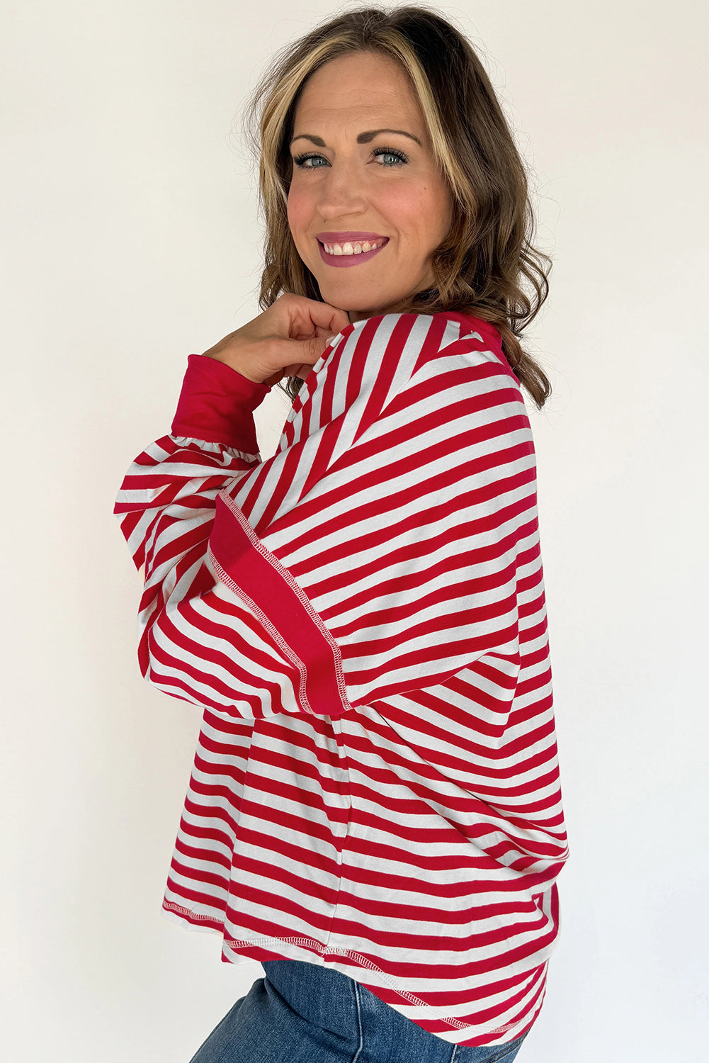 Red Striped Balloon Sleeve V Neck Blouse