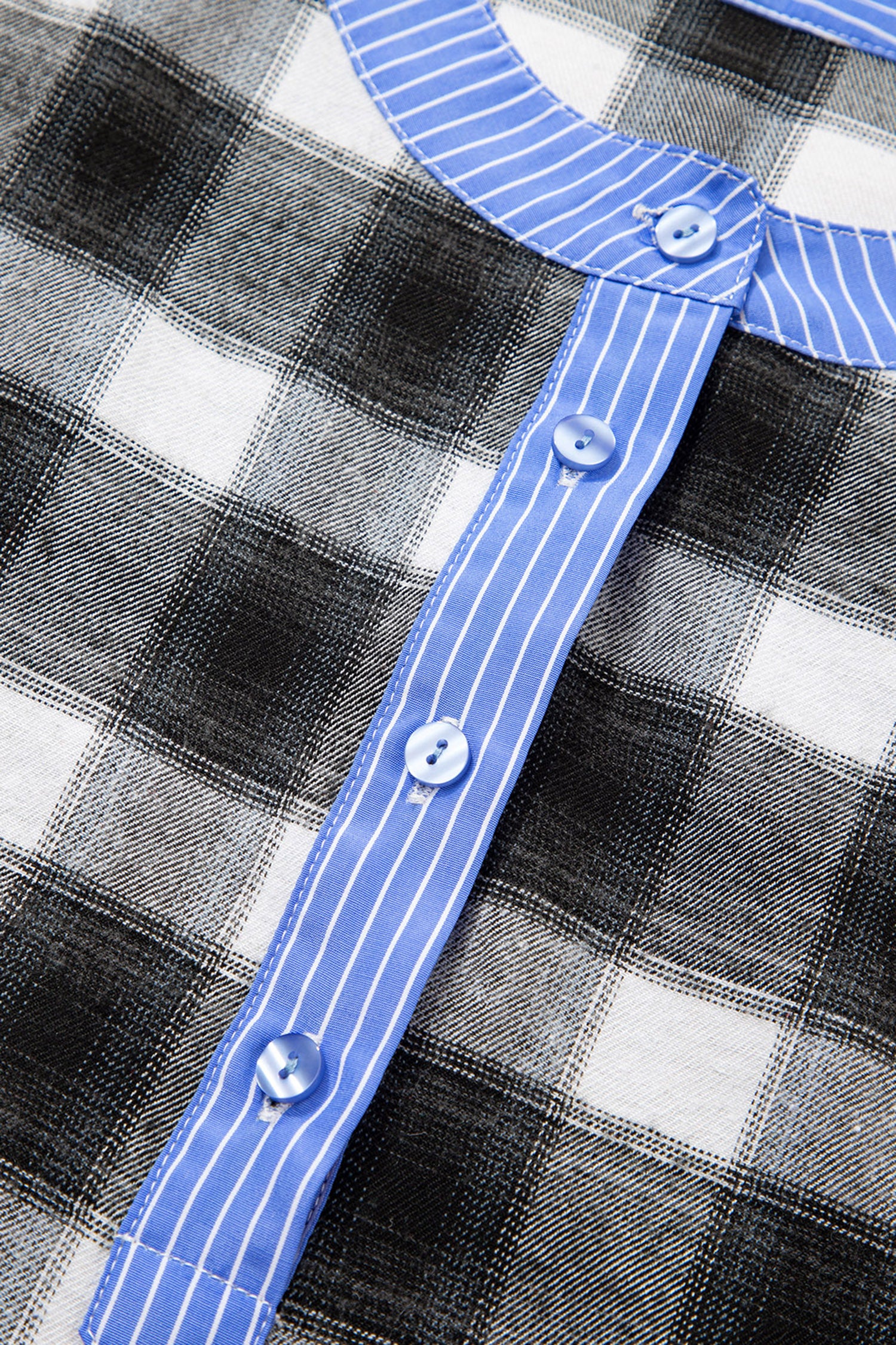 Black Contrast Striped Edge Half Placket Plaid Blouse