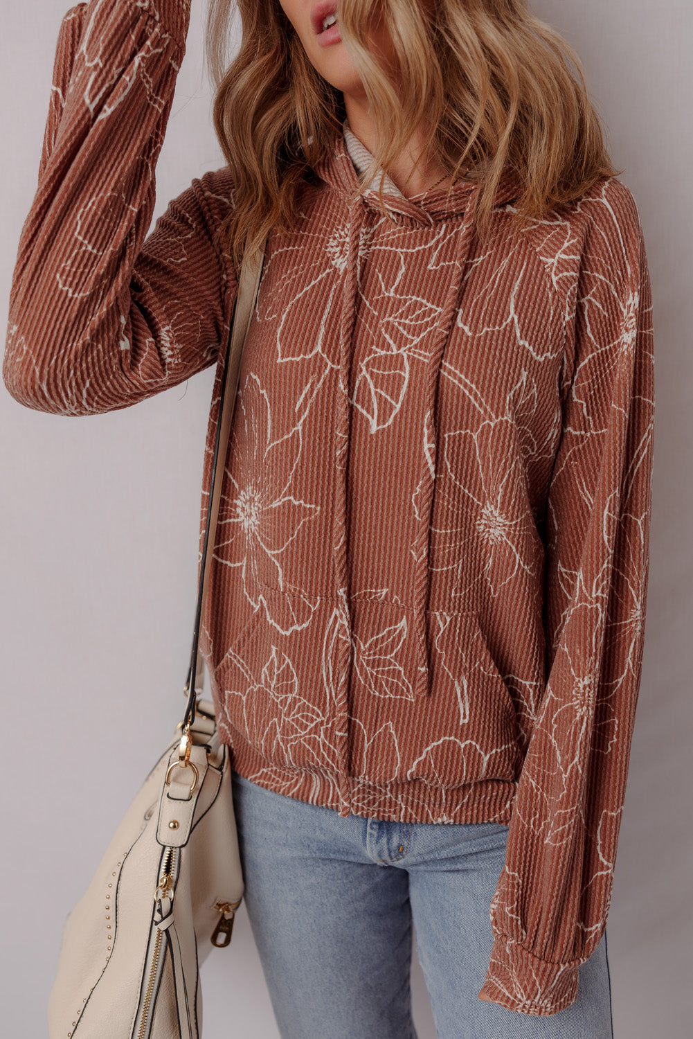 Brown Floral Twisted Rib Drawstring Kangaroo Pocket Hooded Top