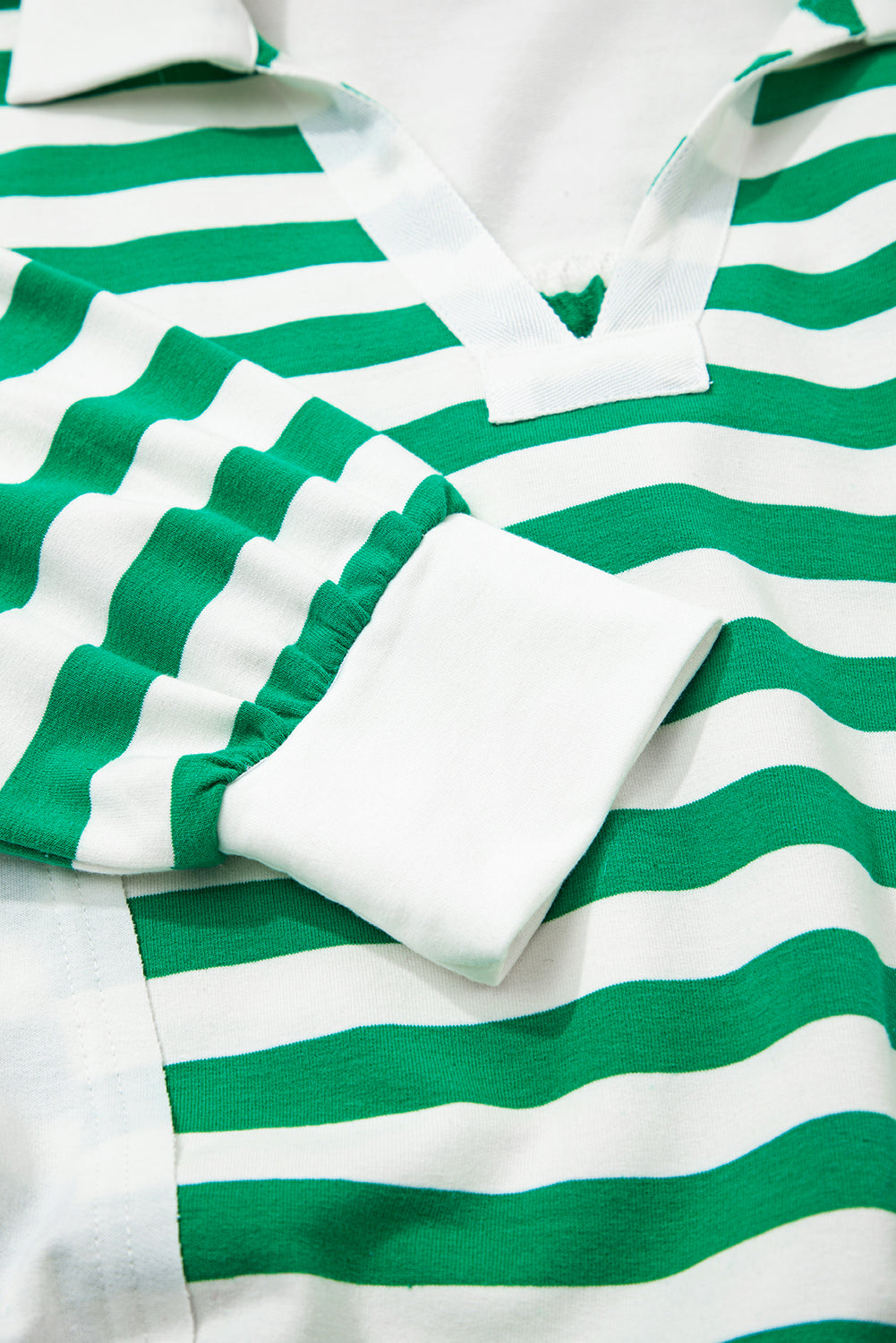Green Striped Colorblock Patchwork Collared V Neck Cropped Pullover