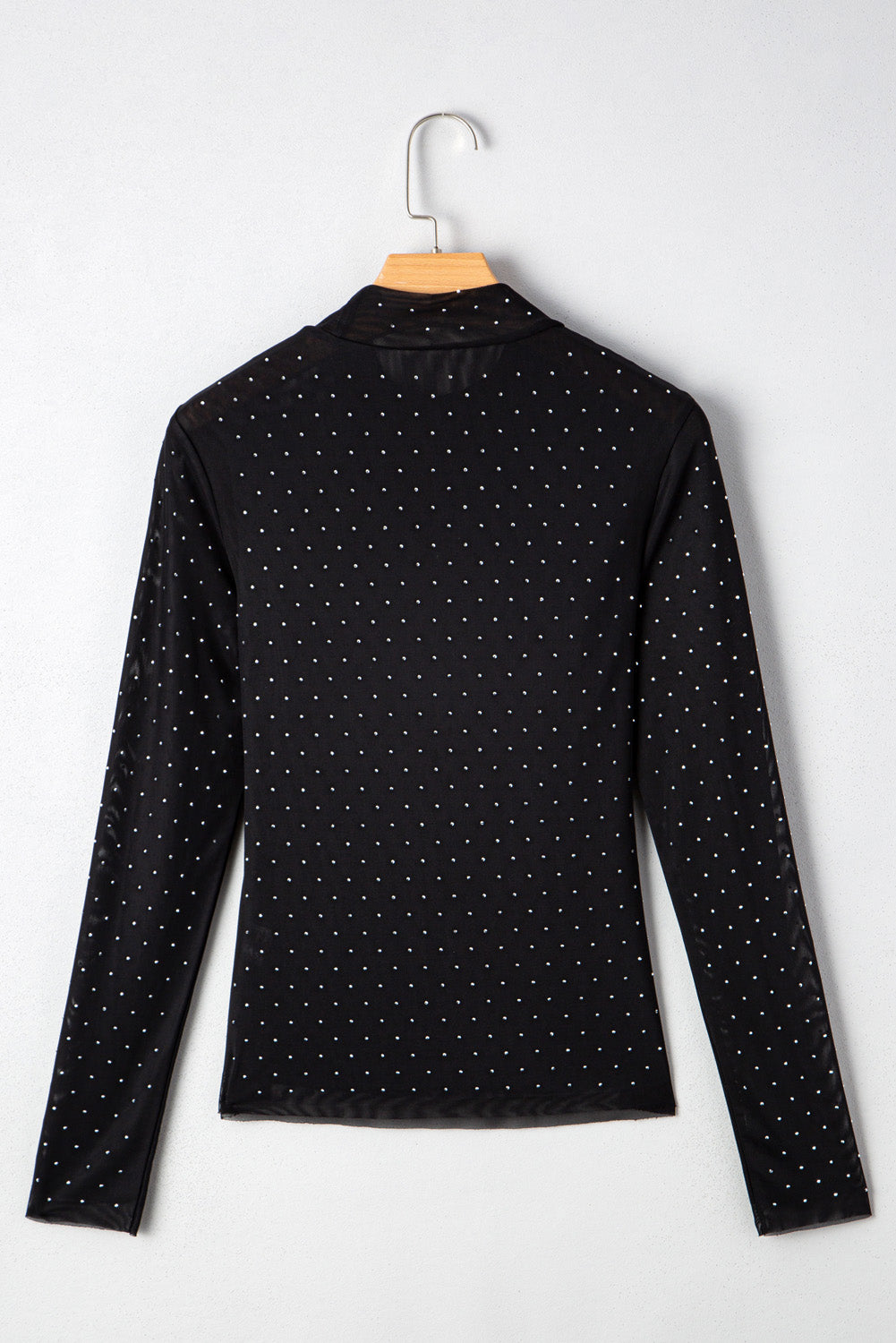 Black Rhinestone Embellished Mesh Long Sleeve Top