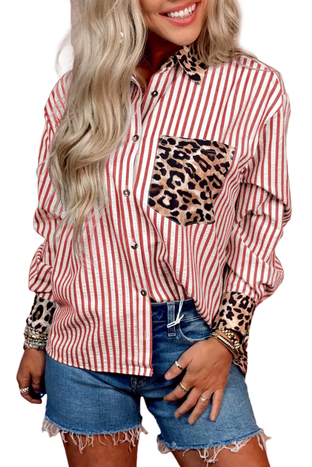 Racing Red Leopard and Striped Patchwork Button Shirt