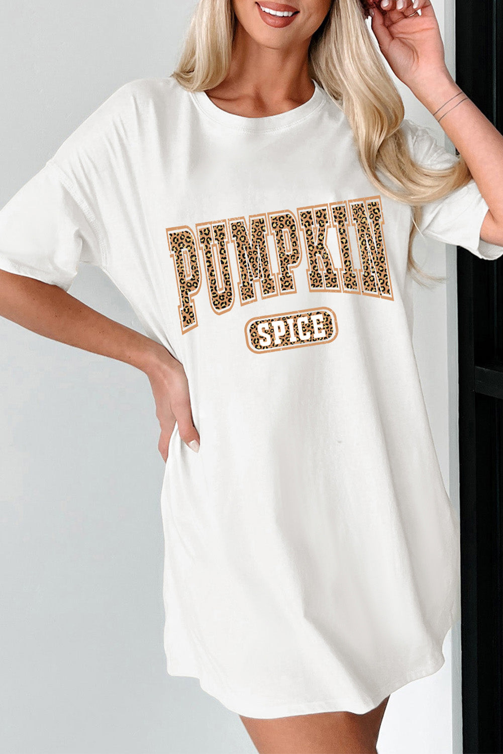 White PUMPKIN SPICE Leopard Graphic Tunic T Shirt