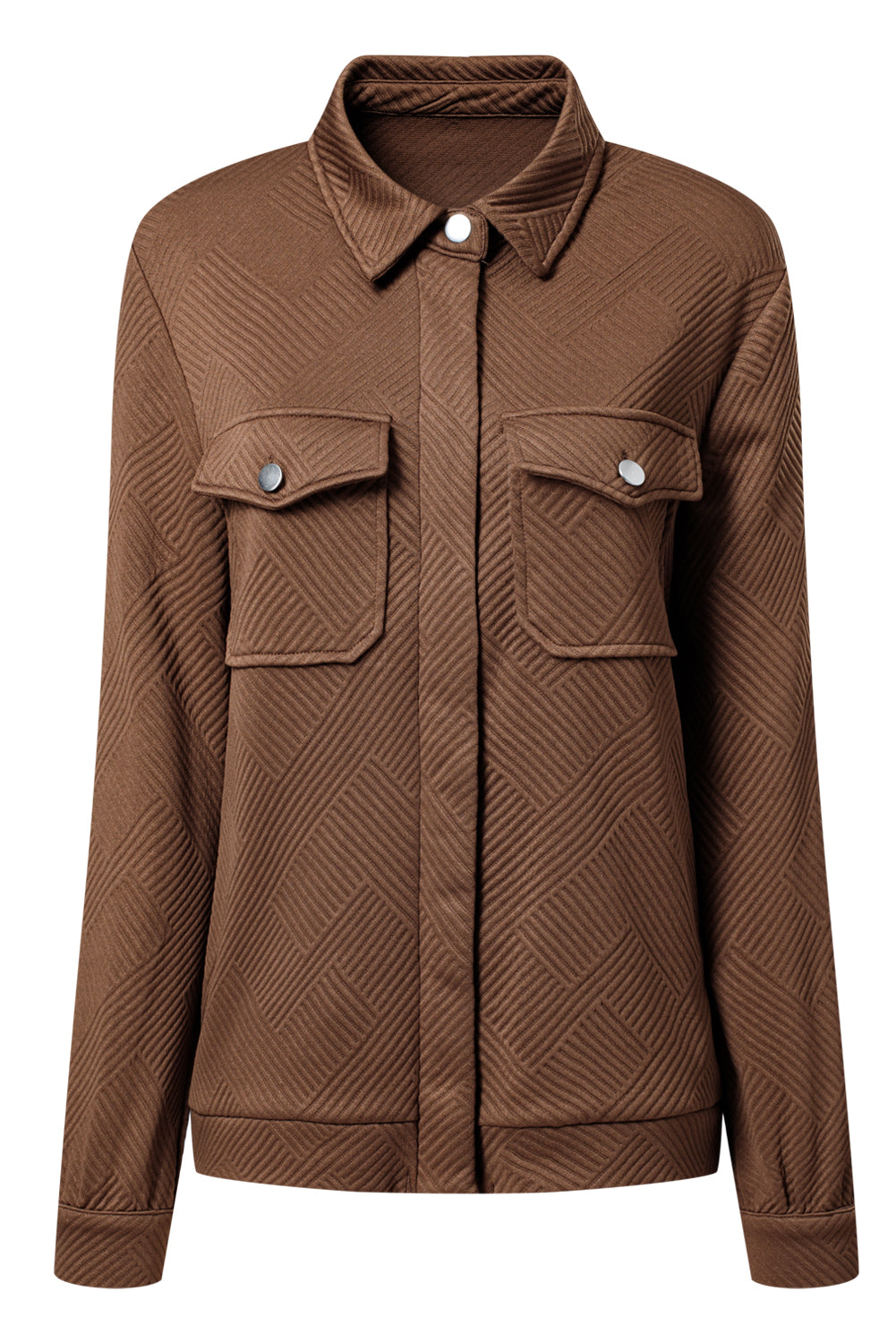 Coffee Solid Color Zip Up Button Flap Pocket Shirt Collar Jackets