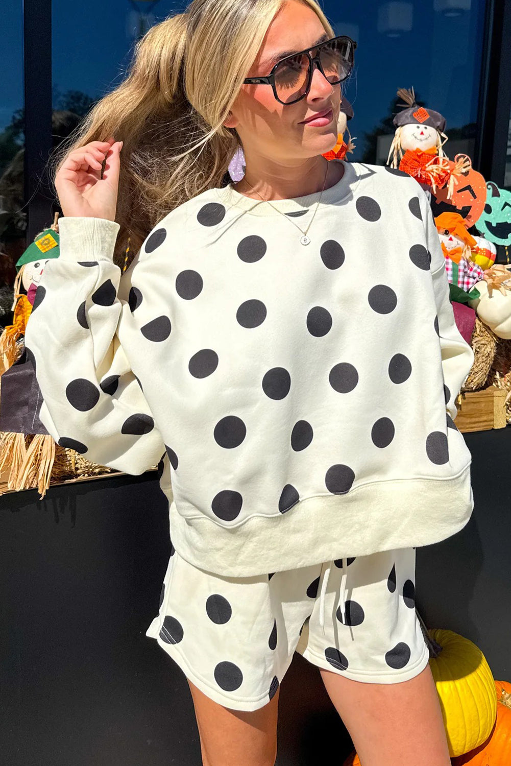 Pink Polka Dot Print Drop Shoulder Pullover Drawstring Shorts Set