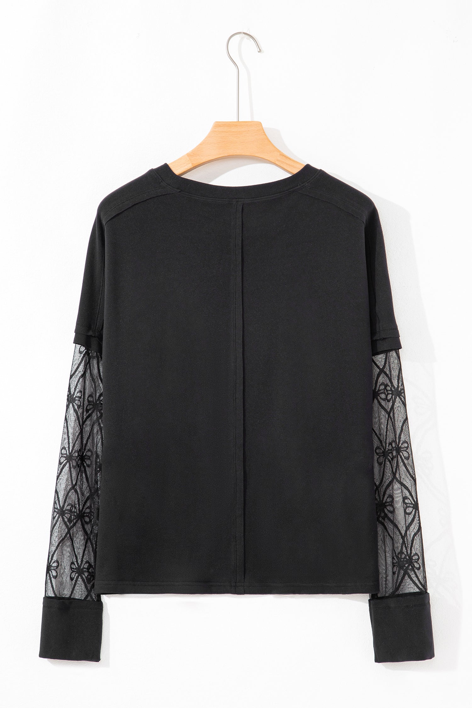 Black Solid Color Bow Textured Patchwork Long Sleeve Tee