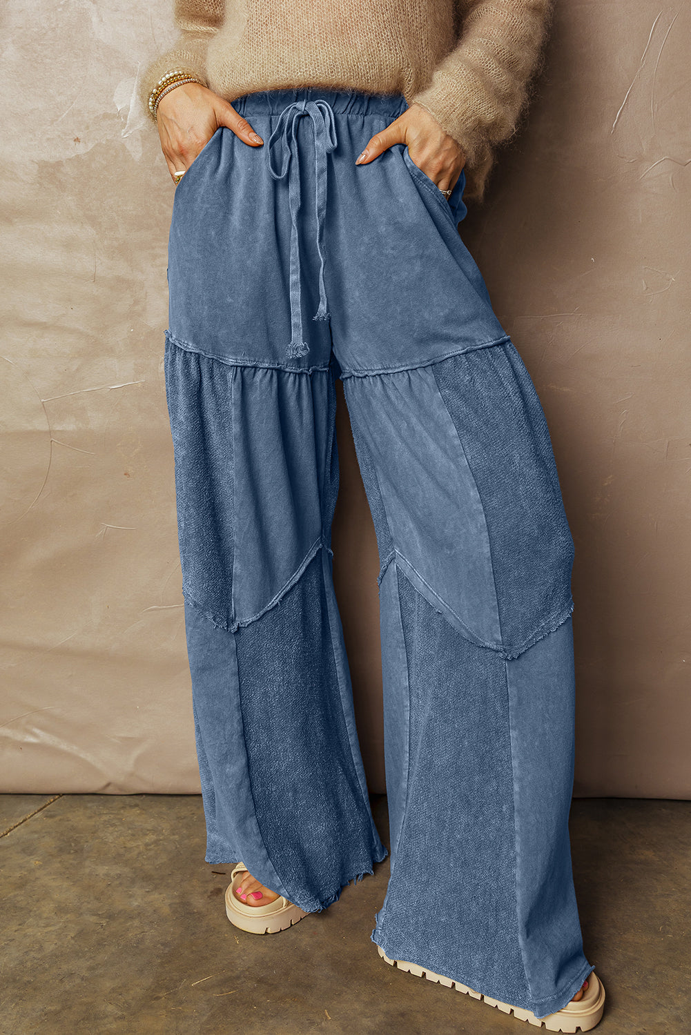 Wild Ginger  Careys Mineral Wash Tiered Wide Leg Patchwork Drawstring Pants
