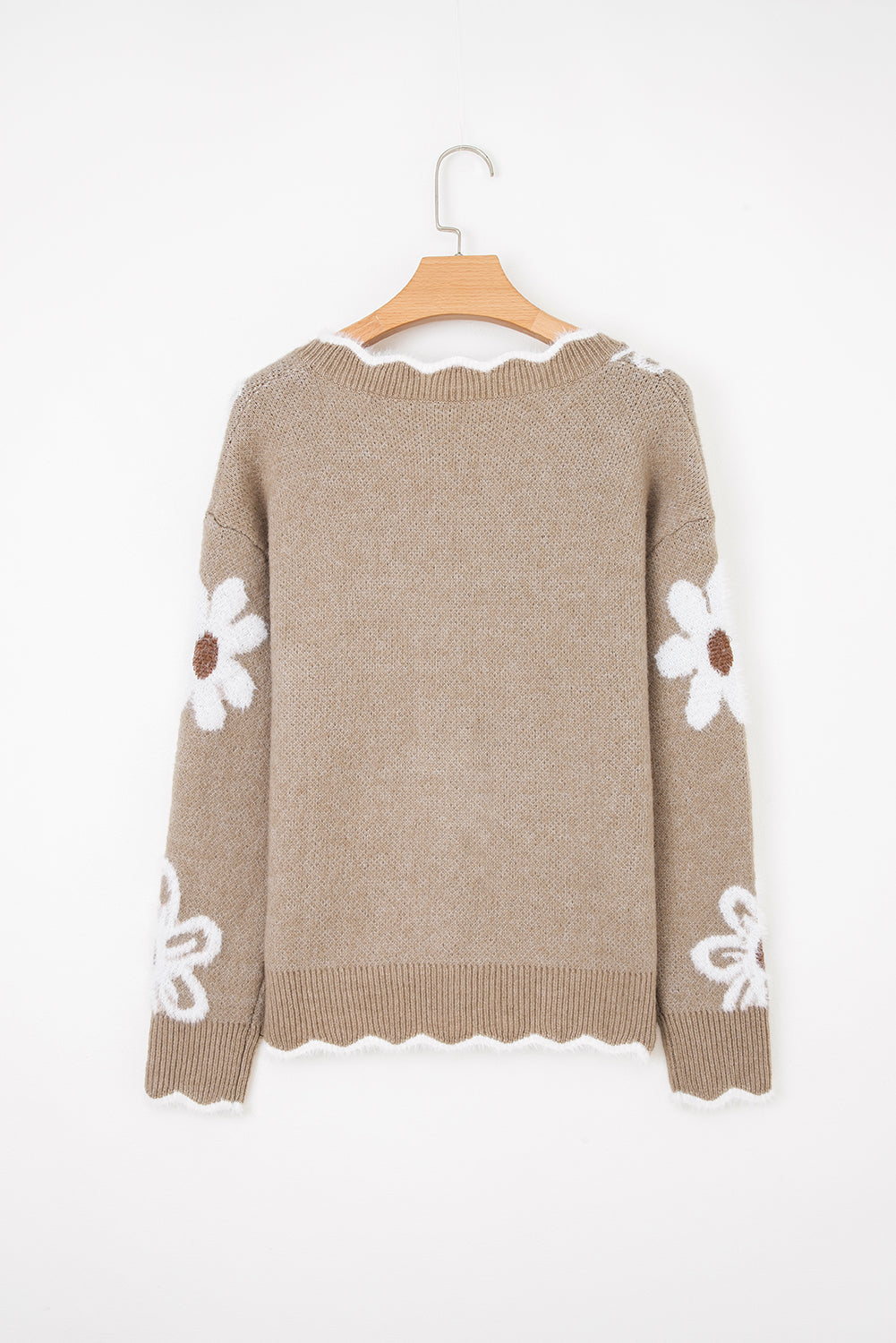 Pull col V festonné à fleurs en jacquard gris fumé