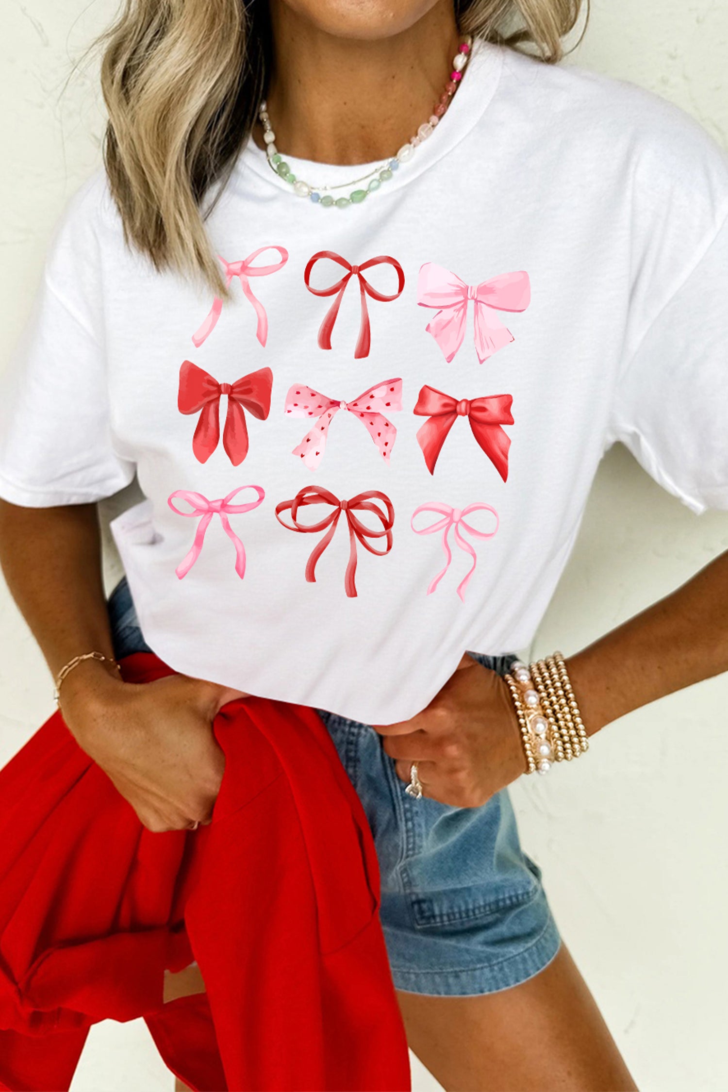 White Diverse Bow Printed Valentines Fashion T Shirt
