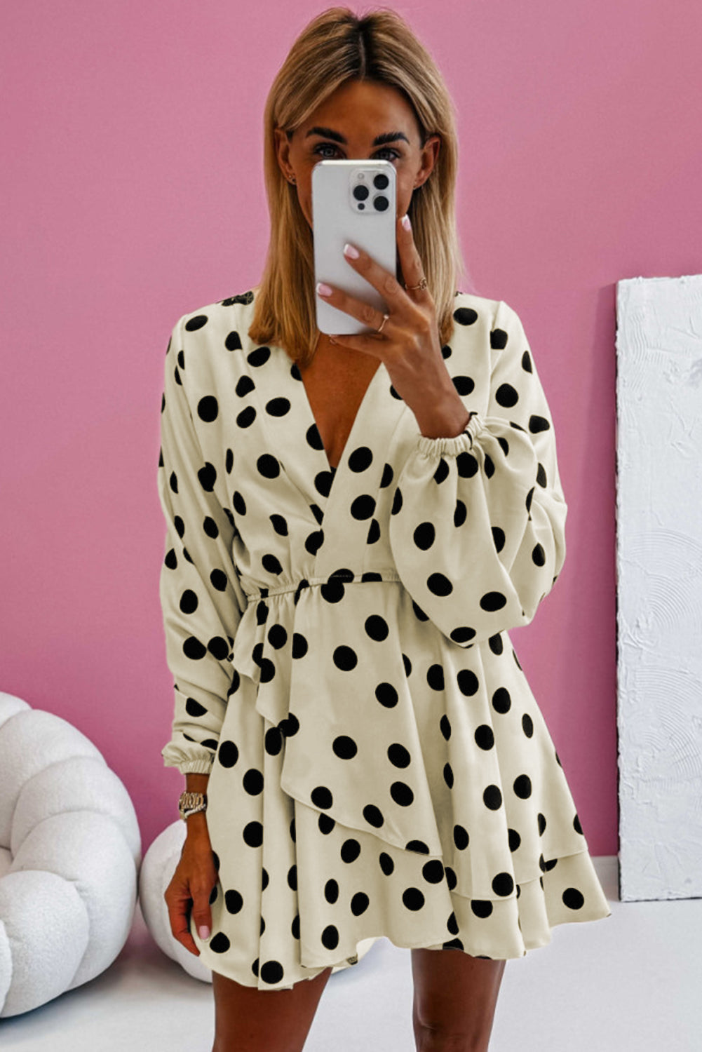 Beige Polka Dot Print Surplice V Neck Puff Sleeve Mini Dress