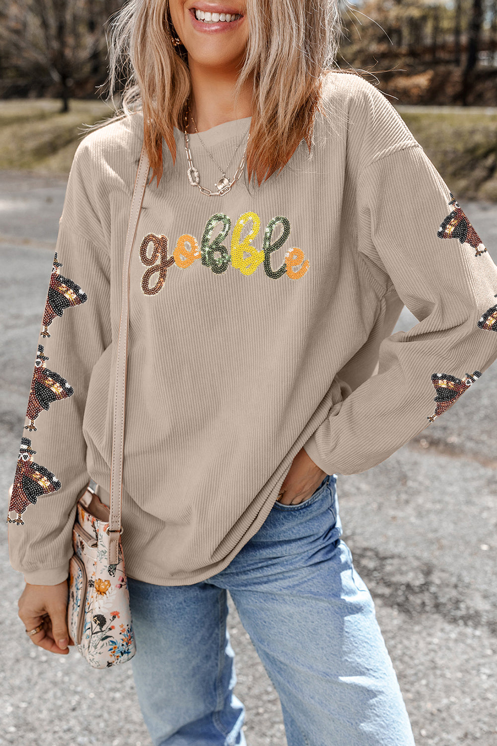 Smoke Gray gobble Turkey Sleeve Sequins Patch Corded Baggy Sweatshirt