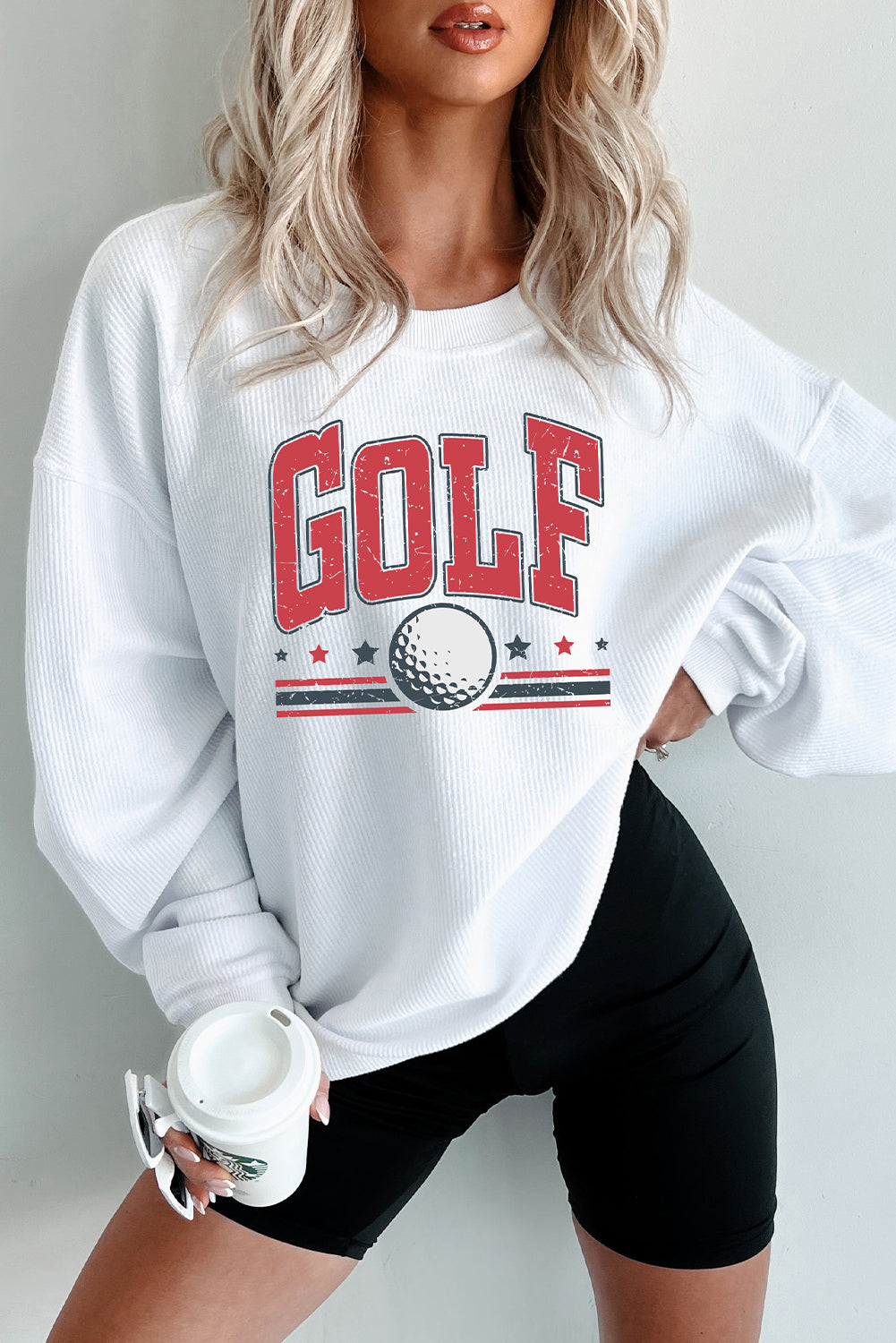 White GOLF Ball Print Ribbed Drop Shoulder Baggy Sweatshirt
