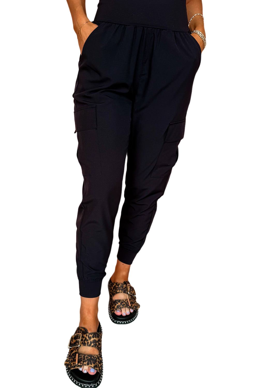 Black Elastic High Waist Pocketed Cargo Jogger Pants