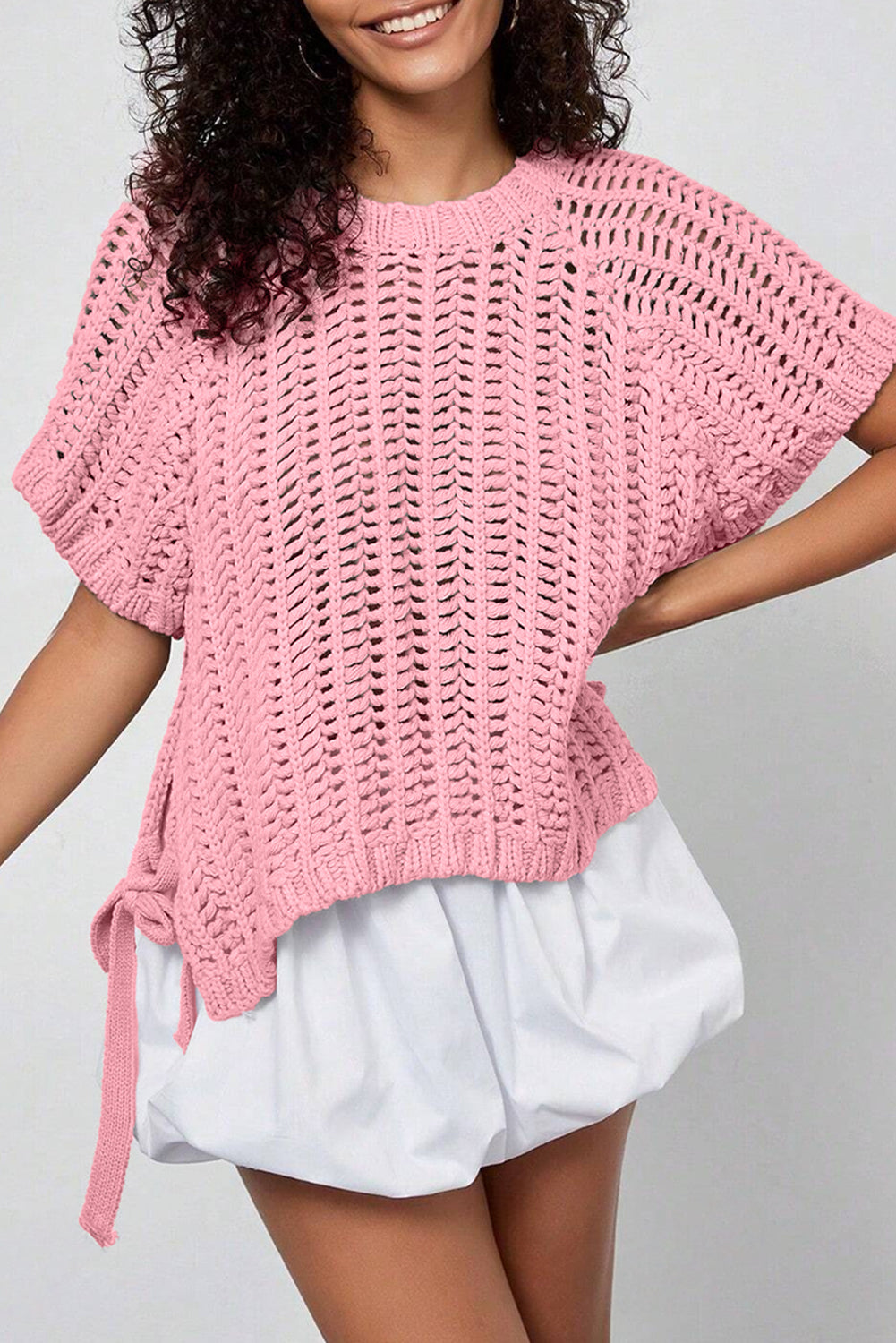 White Plus Size Open Knit Bow Tie Short Sleeve Sweater