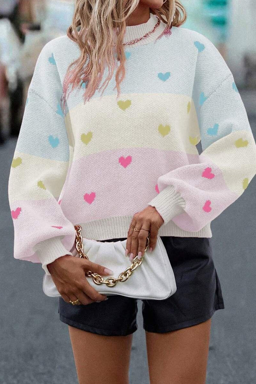 Multicolor Heart Pattern Colorblock High Neck Sweater