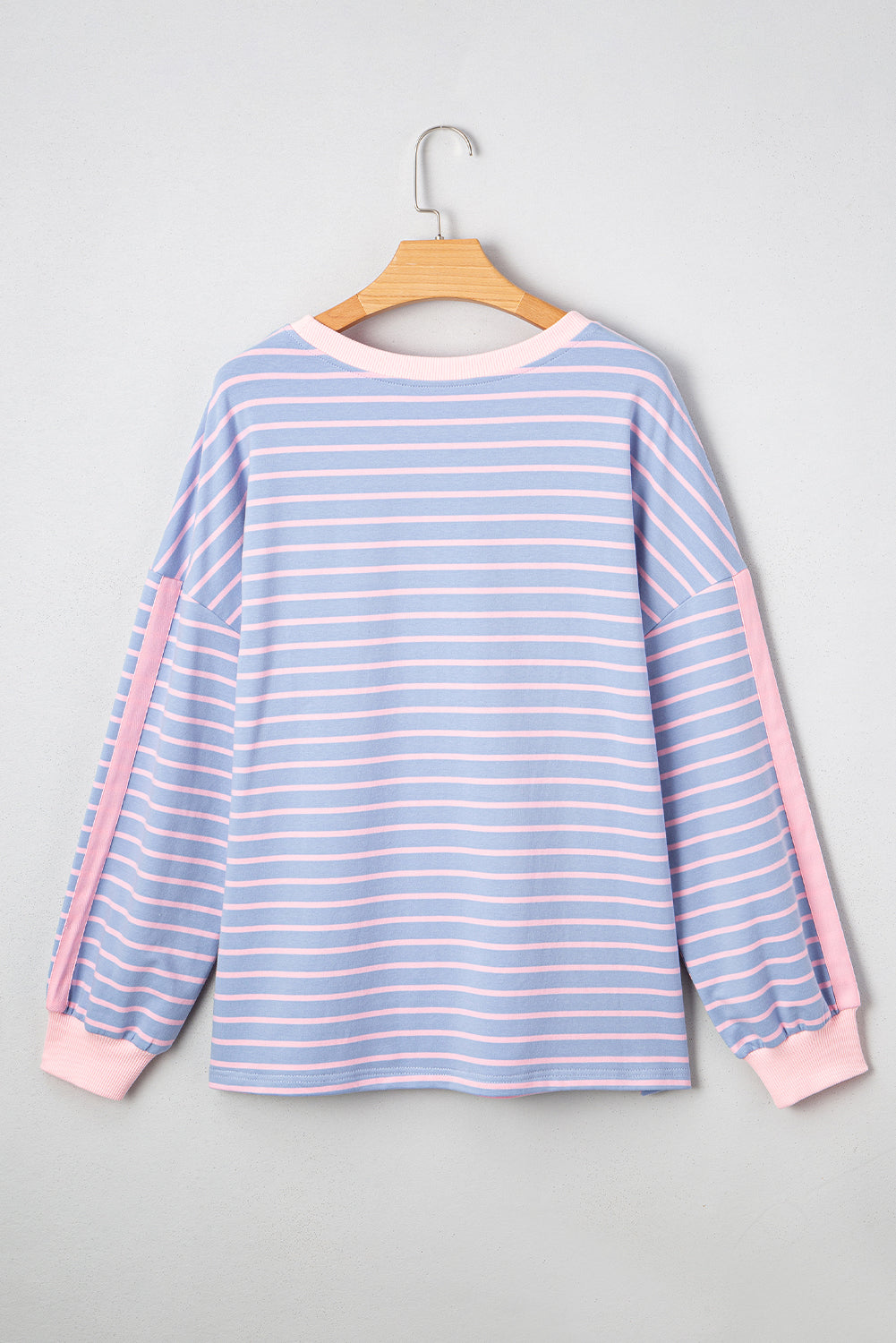 Sky Blue Stripe Oversized Contrast Trim Drop Shoulder Casual Top