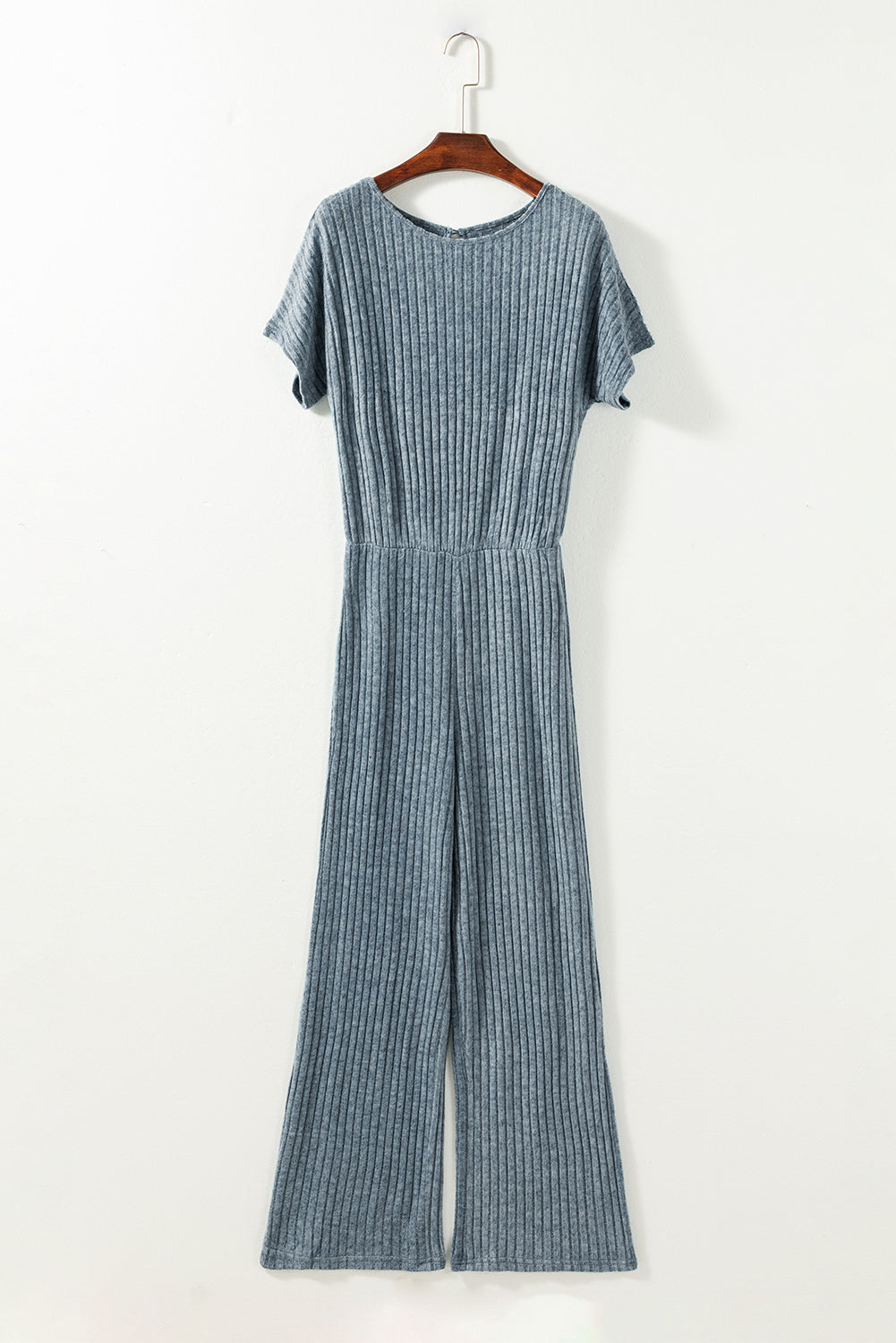 Dusk Blue Ribbed Keyhole Short Sleeve Wide Leg Jumpsuit