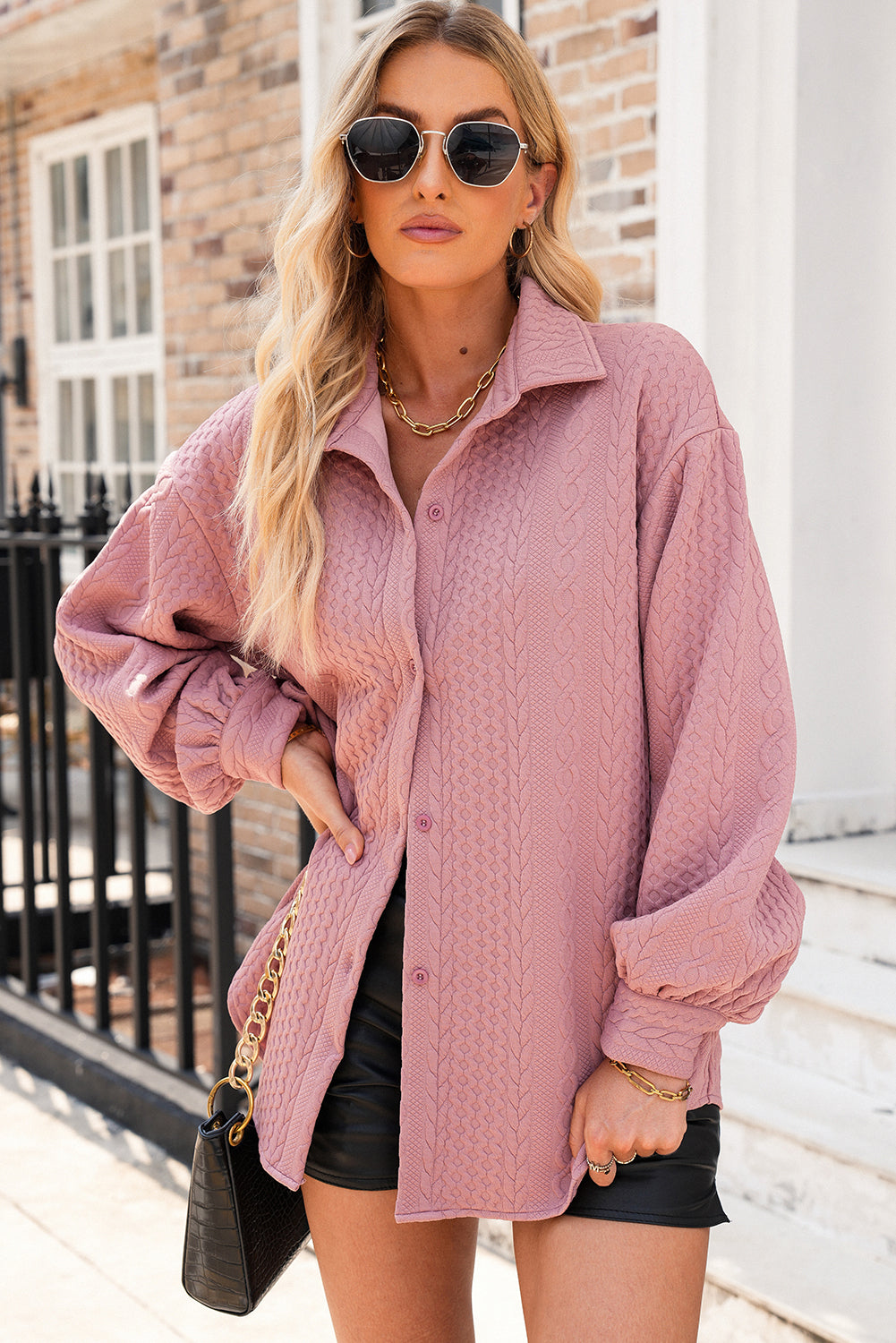 Blackish Green Cable Texture Puff Sleeve Loose Shacket