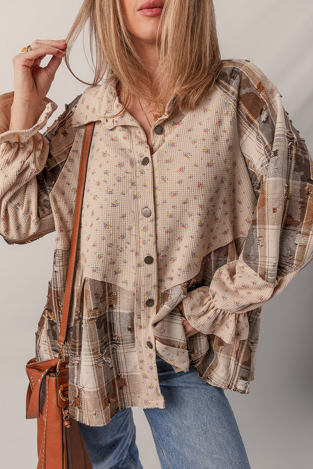 Oatmeal Boho Floral Plaid Patchwork Waffle Knit Distressed Jacket
