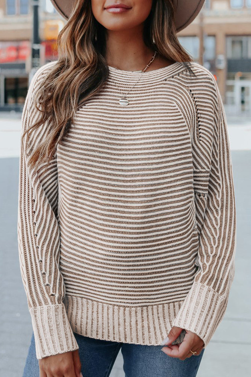 Light French Beige Striped Print Ribbed Knit Raglan Sleeve Baggy Sweater