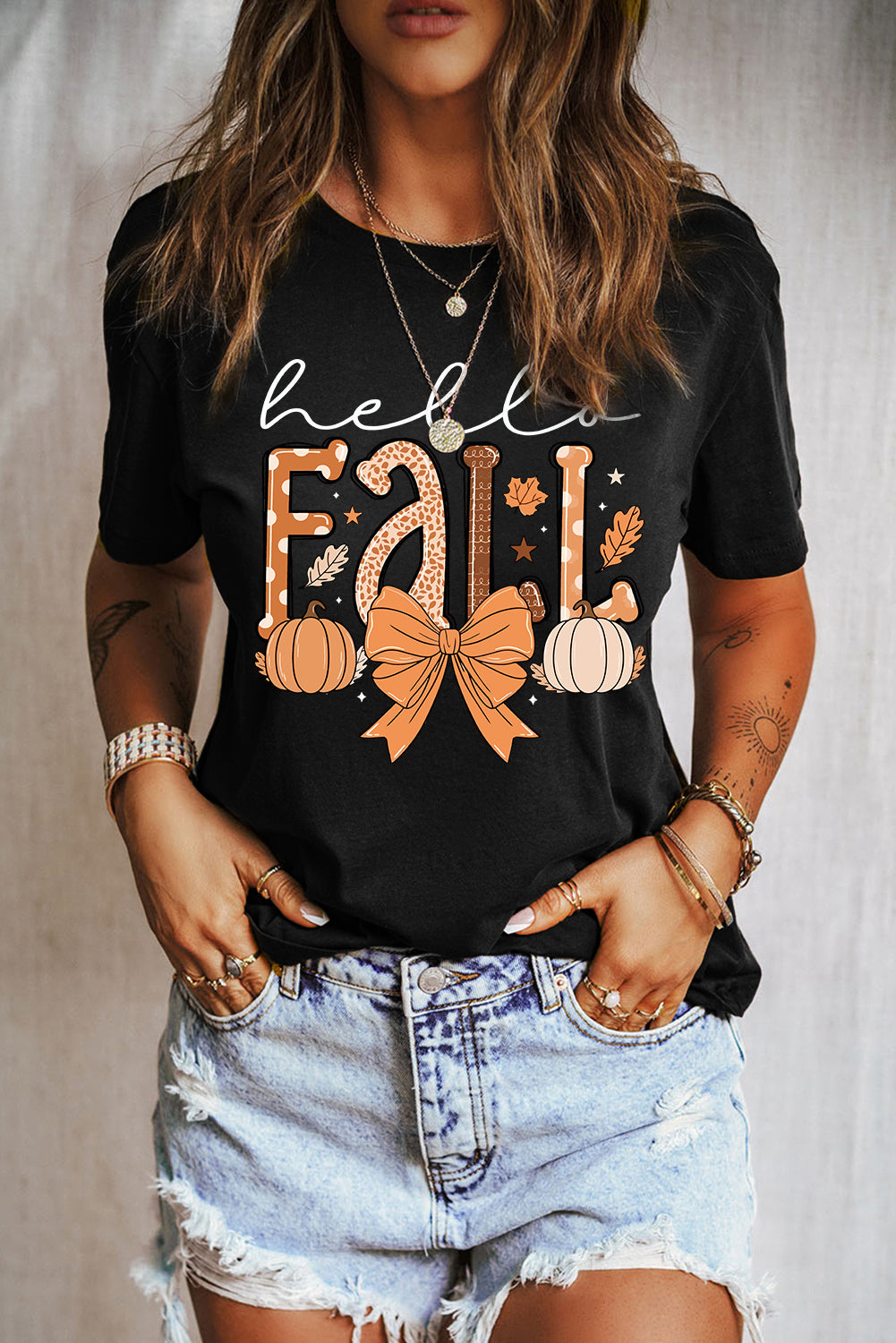 Black Hello Fall Thanksgiving Bow Pumpkin Graphic Tee