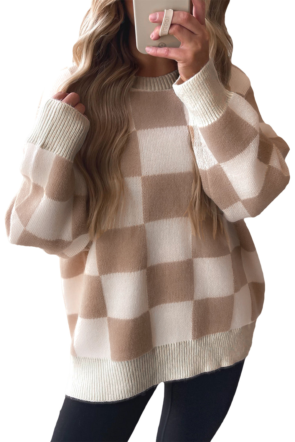 Grapefruit Orange Checkered Pattern Ribbed Trim Knit Baggy Sweater