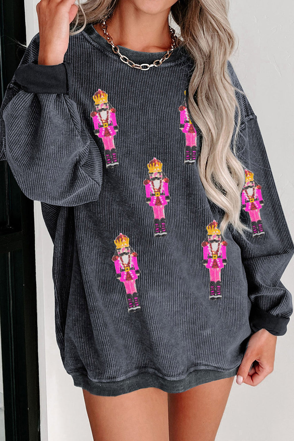 Gray Nutcracker Men Sequin Patterned Corded Sweatshirt