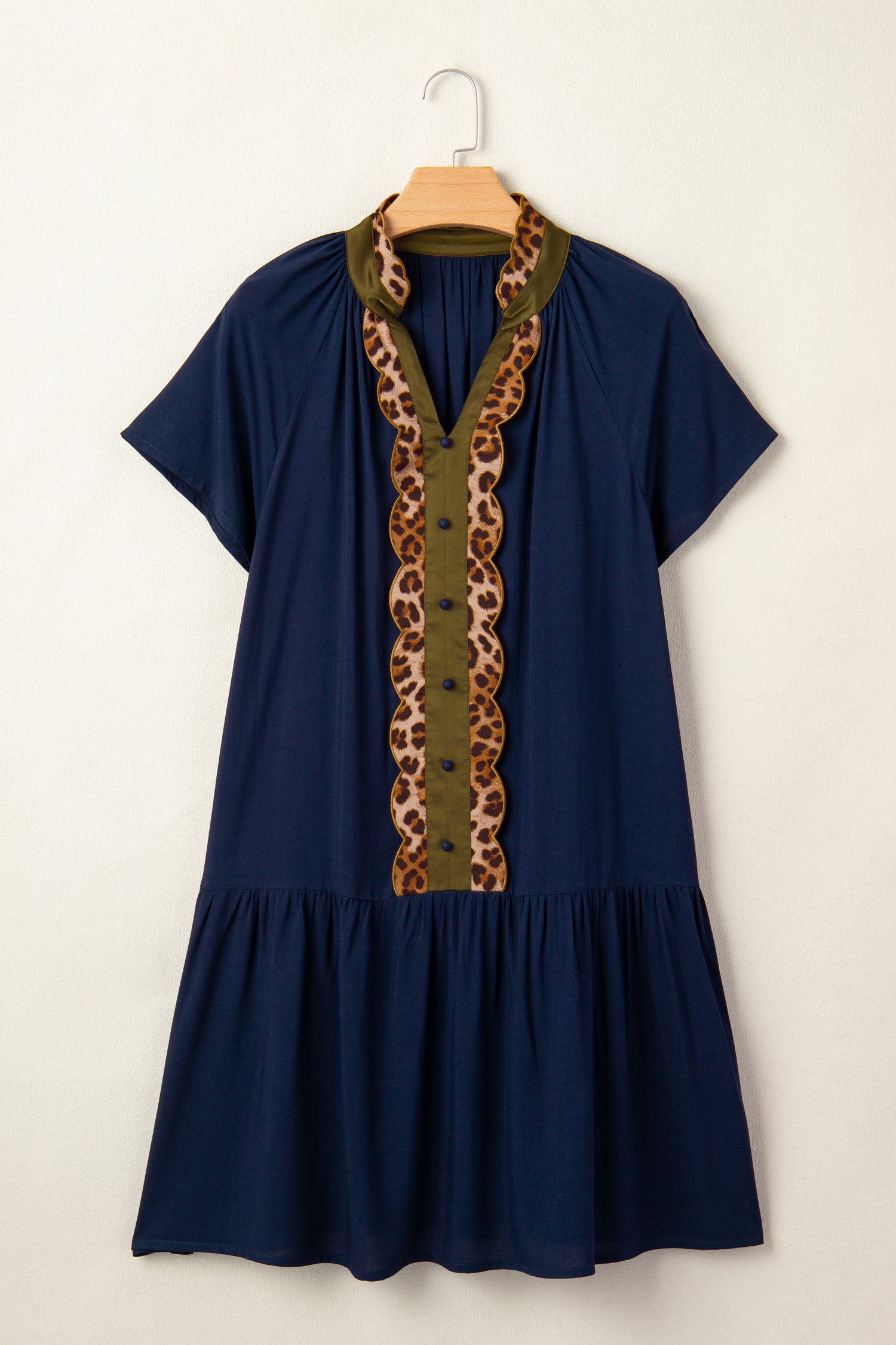 Navy Blue Button Detail Leopard Metallic Trim Short Sleeve Tunic Dress