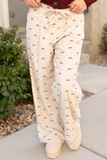 Apricot Bow Print Drawstring Elastic Waist Loose Corduroy Pants