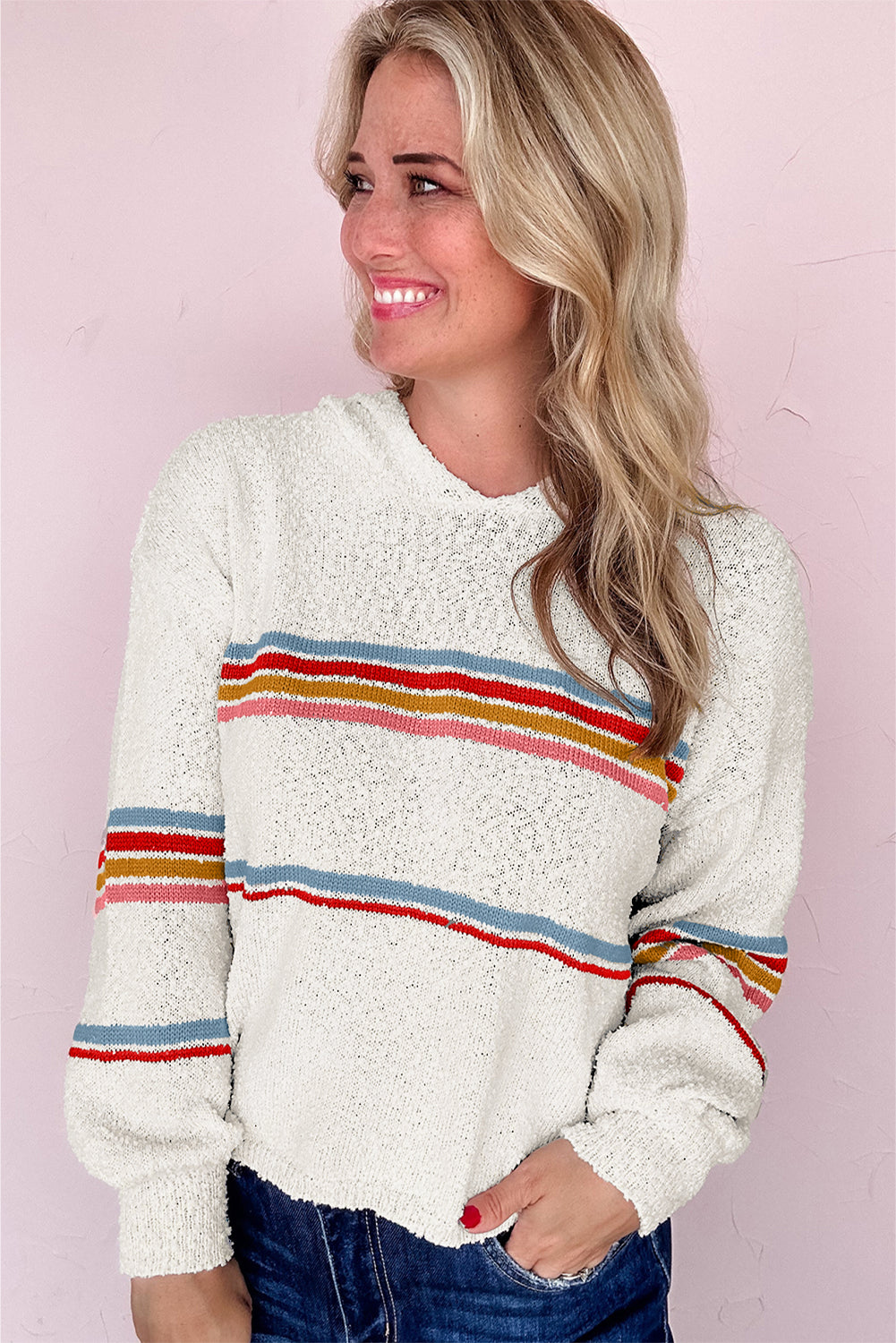 White Casual Striped Drop Sleeve Hooded Sweater