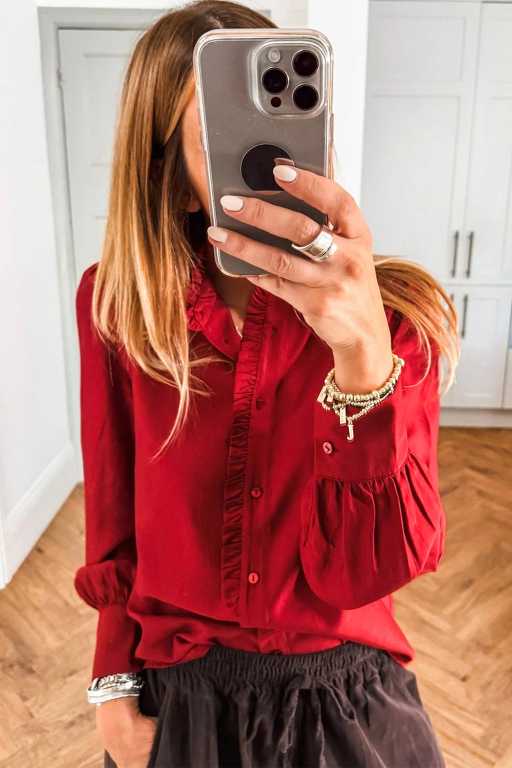 Fiery Red Frilled Trim Button Up Pleated Long Sleeve Shirt