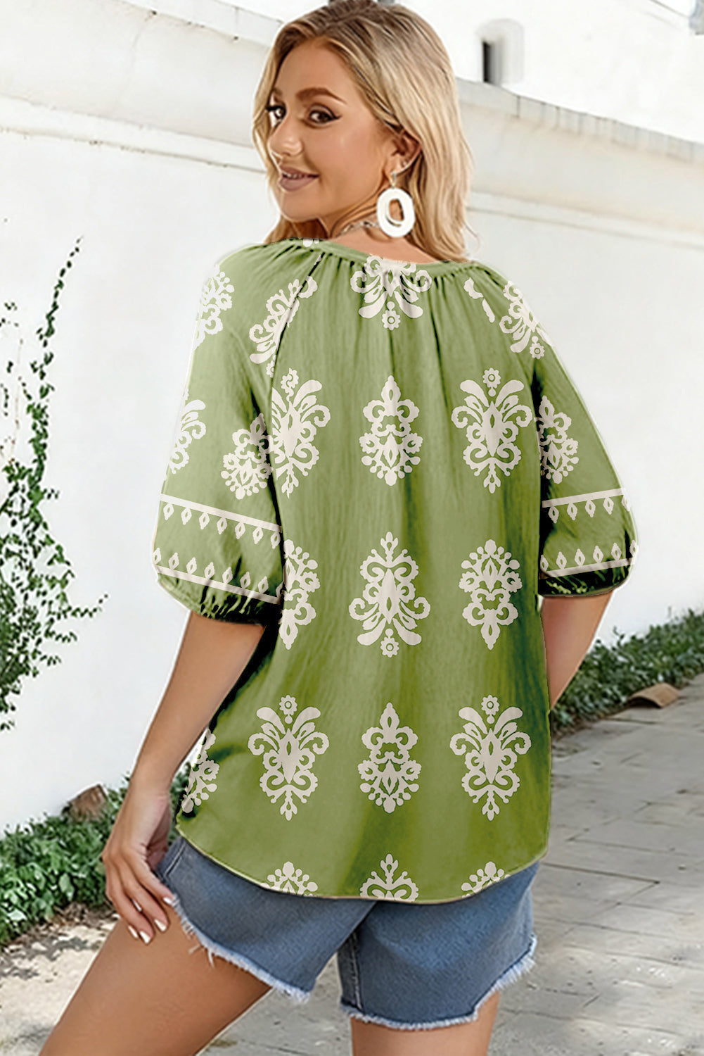 Green Boho Chic Notched V Neck Plus Floral Short Sleeve Top