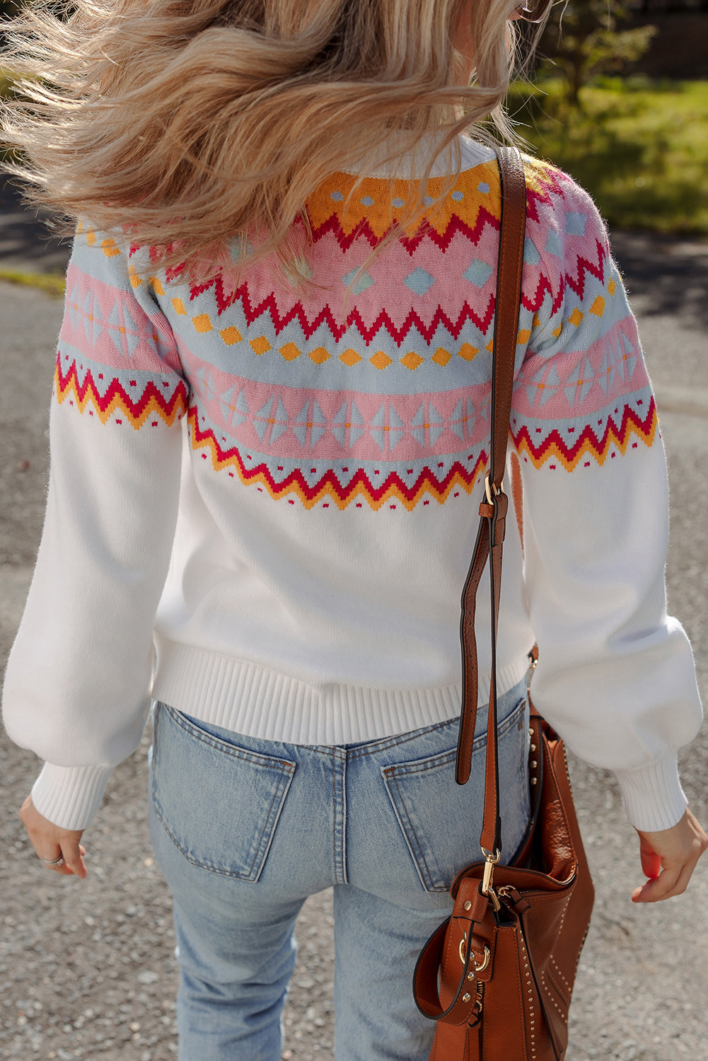 White Ethnic Geometric Colorblock Pattern Drop Shoulder Sweater
