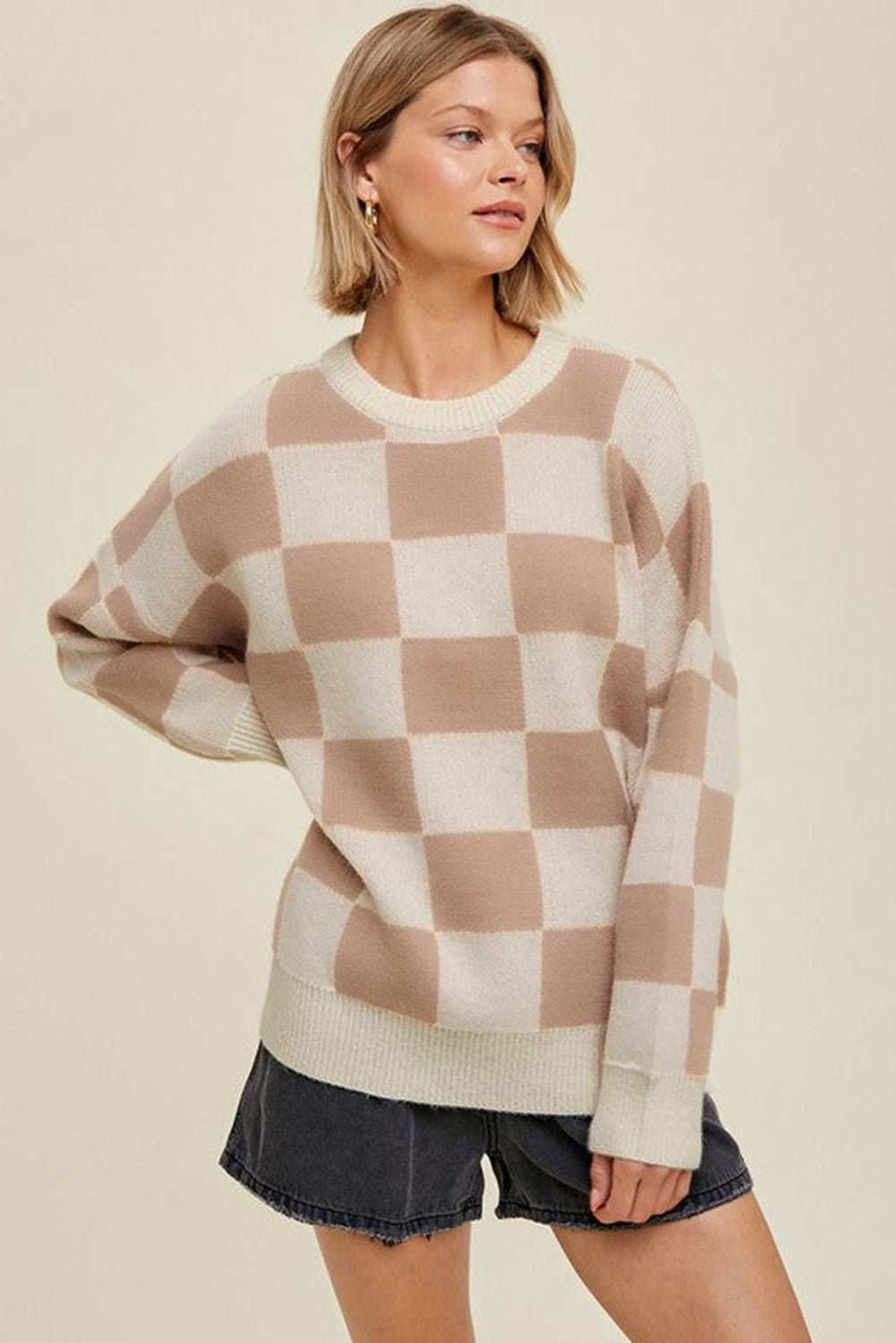 Grapefruit Orange Checkered Pattern Ribbed Trim Knit Baggy Sweater