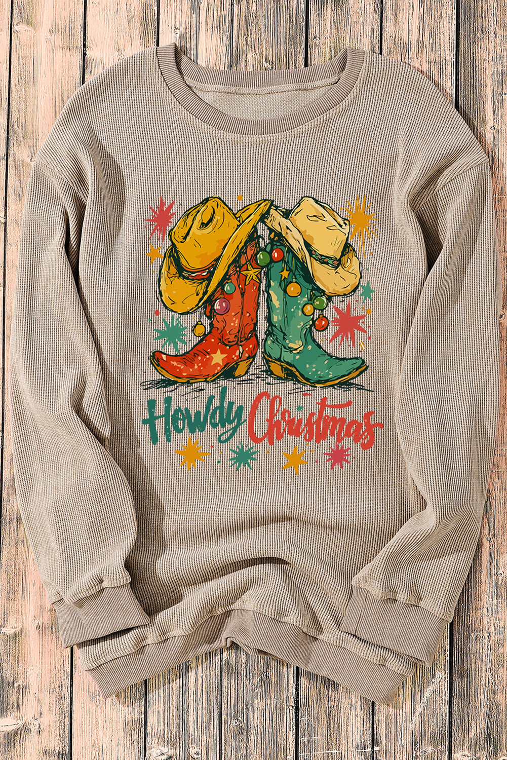 Khaki Howdy Christmas Cowboy Boots Graphic Corded Sweatshirt