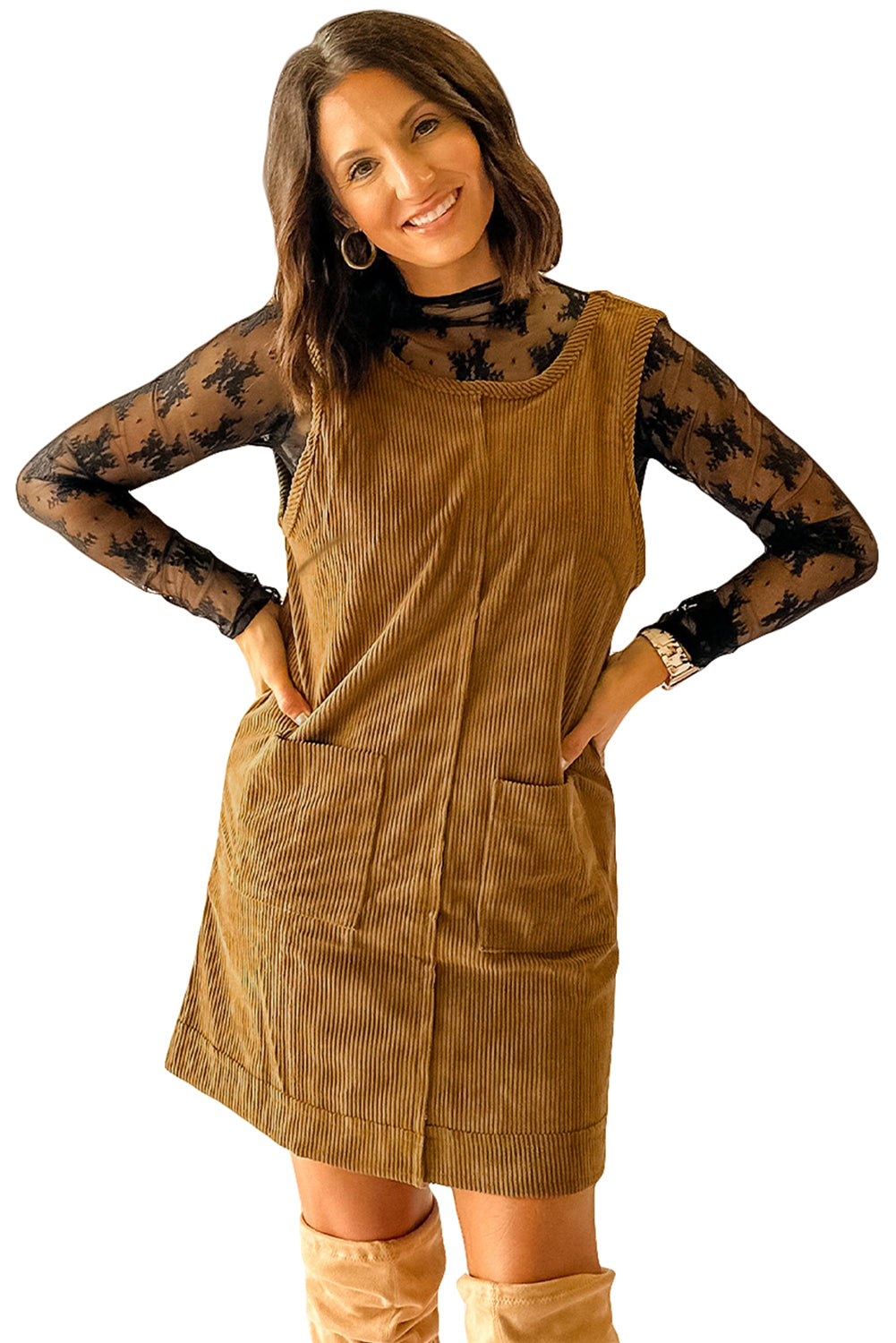 Minivestido sin mangas de pana beige con costuras expuestas