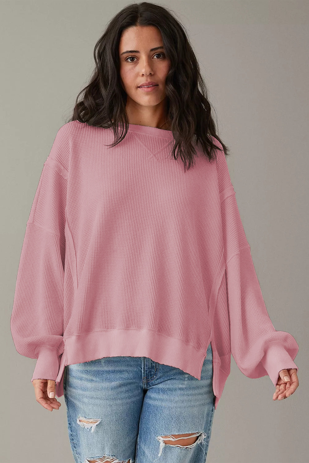 Sweat-shirt oversize fendu à manches évasées et gaufrées rose