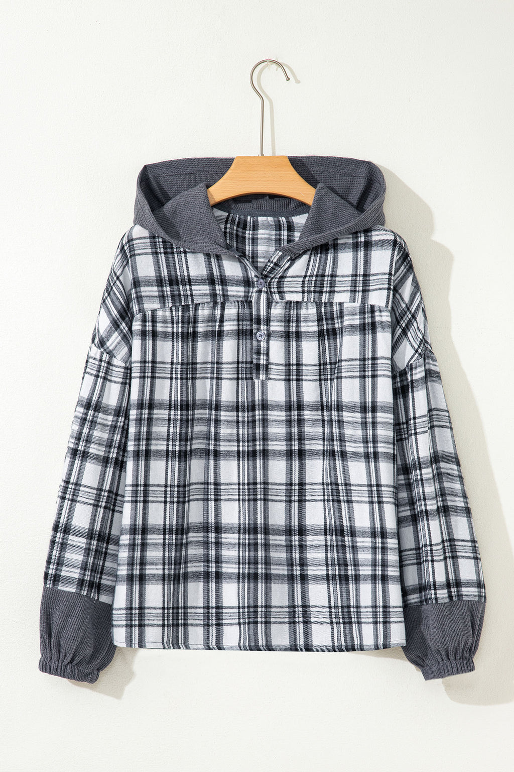 Gray Plaid Patchwork Long Sleeve Button Hooded Blouse