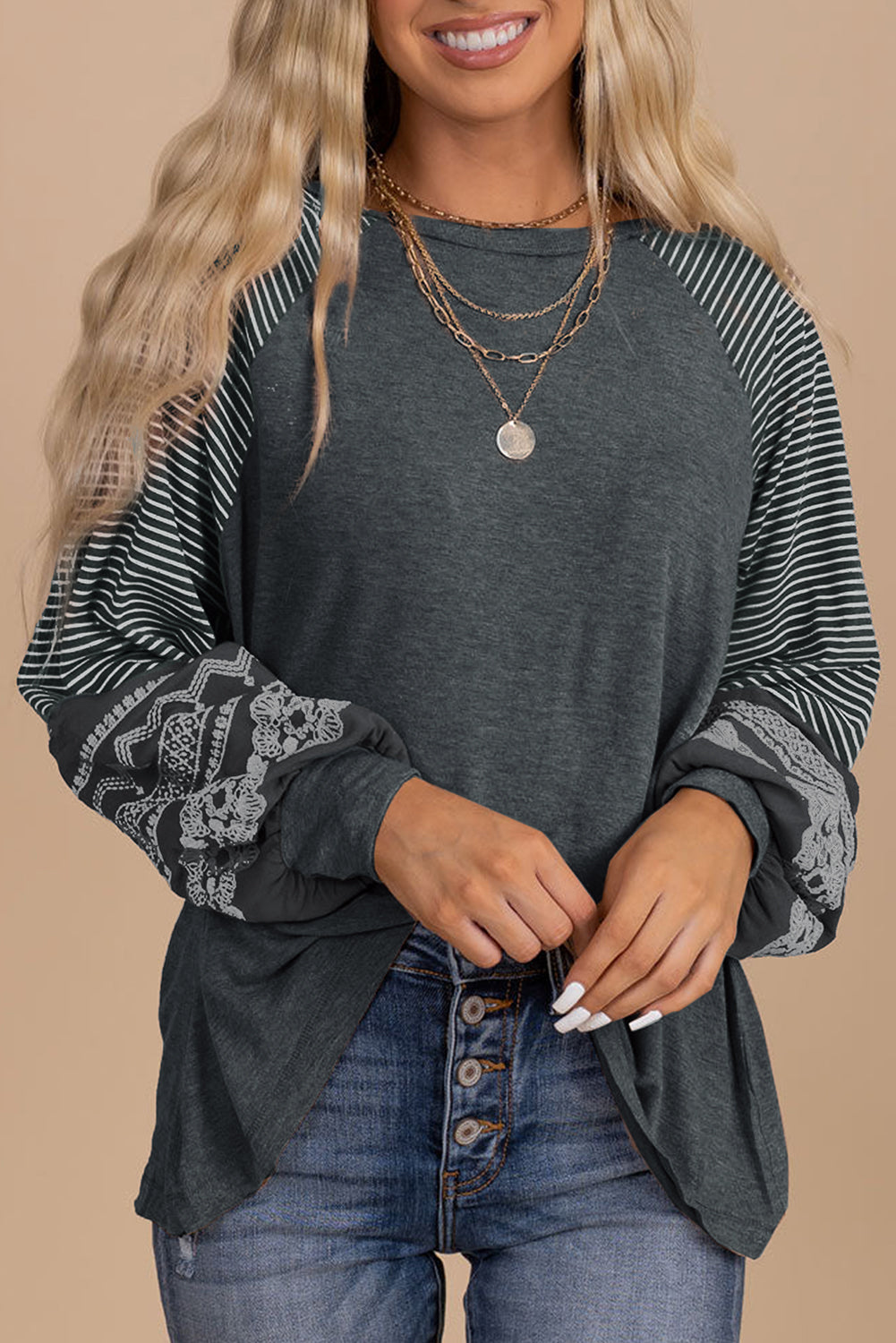 Medium Grey Contrast Print Striped Raglan Long Sleeve Loose Top