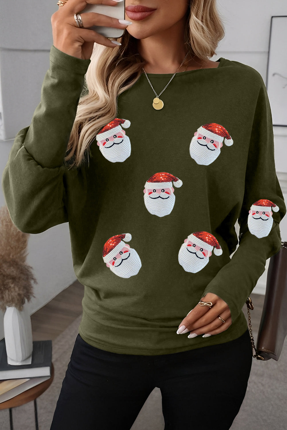 Four Leaf Clover Sequin Santa Claus Patched Dolman Long Sleeve Top