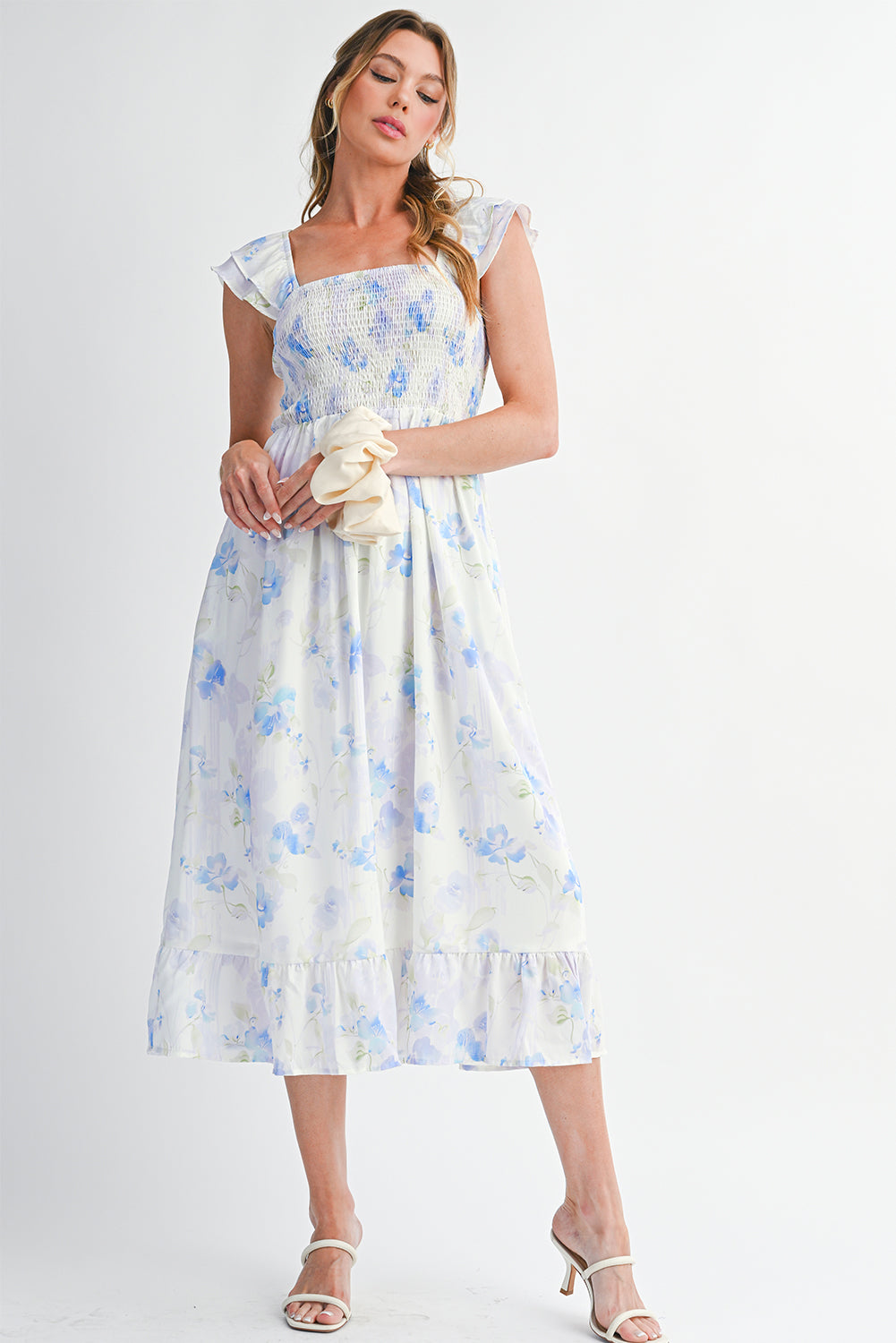 Sky Blue Floral Smocked High Waist Ruffle Sleeveless Long Dress