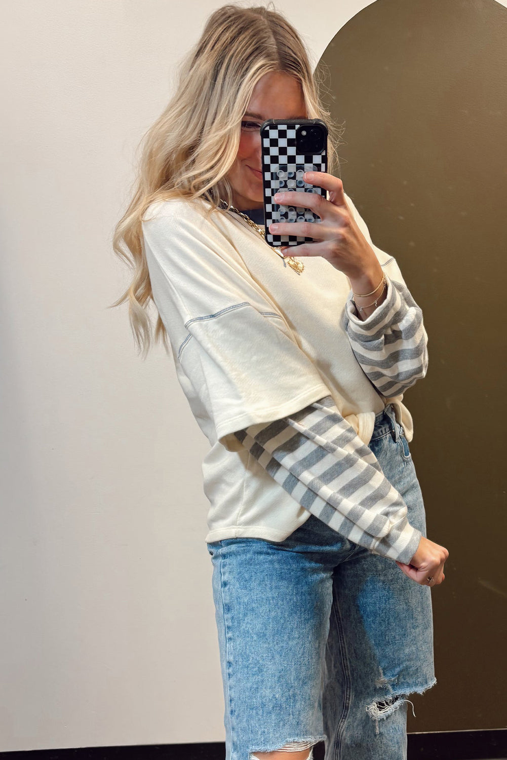 Beige Striped Patchwork Two-in-one Long Sleeve Top