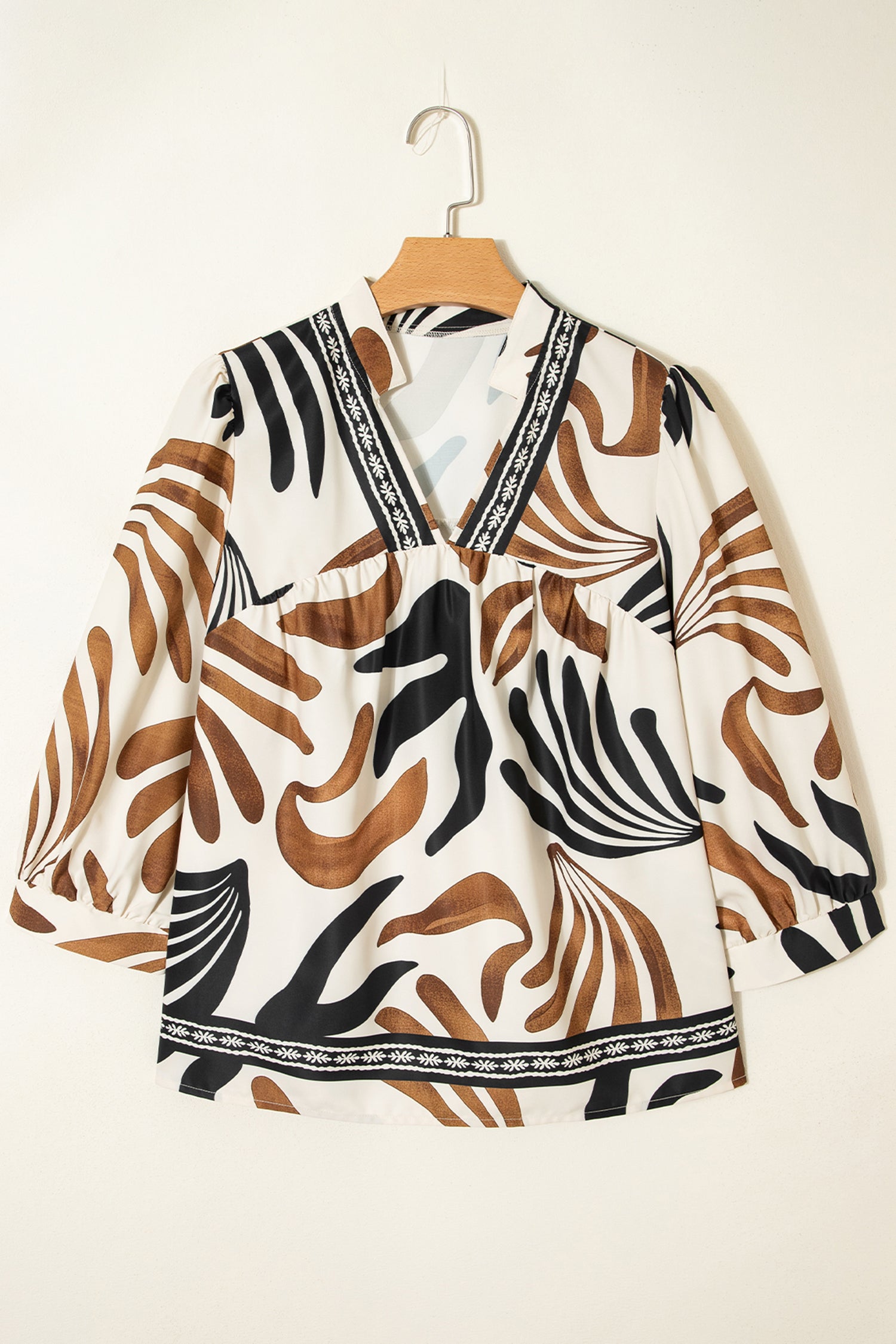 Brown Abstract Print Puff Sleeve Loose Blouse